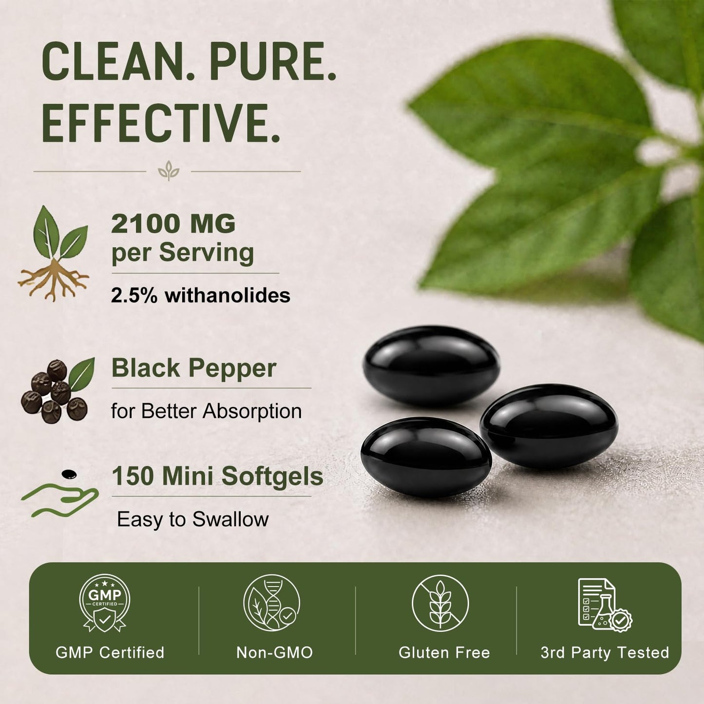 ZIPINKJ Ashwagandha Root Extract Mini Softgels with Black Pepper, 2100mg, 2.5% Withanolides, 150 Count