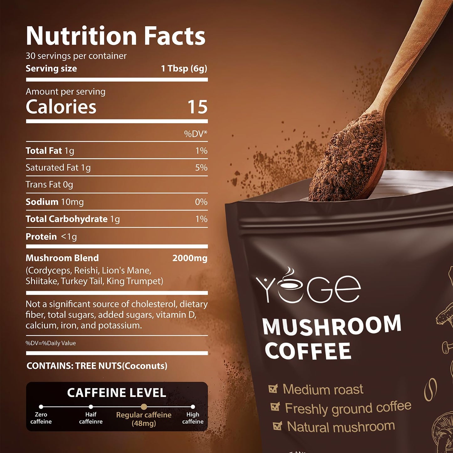 YEGE Mushroom Coffee Powder 6.35 oz with Cordyceps, Reishi, King Trumpet, Shiitake, Turkey Tail & Lions Mane