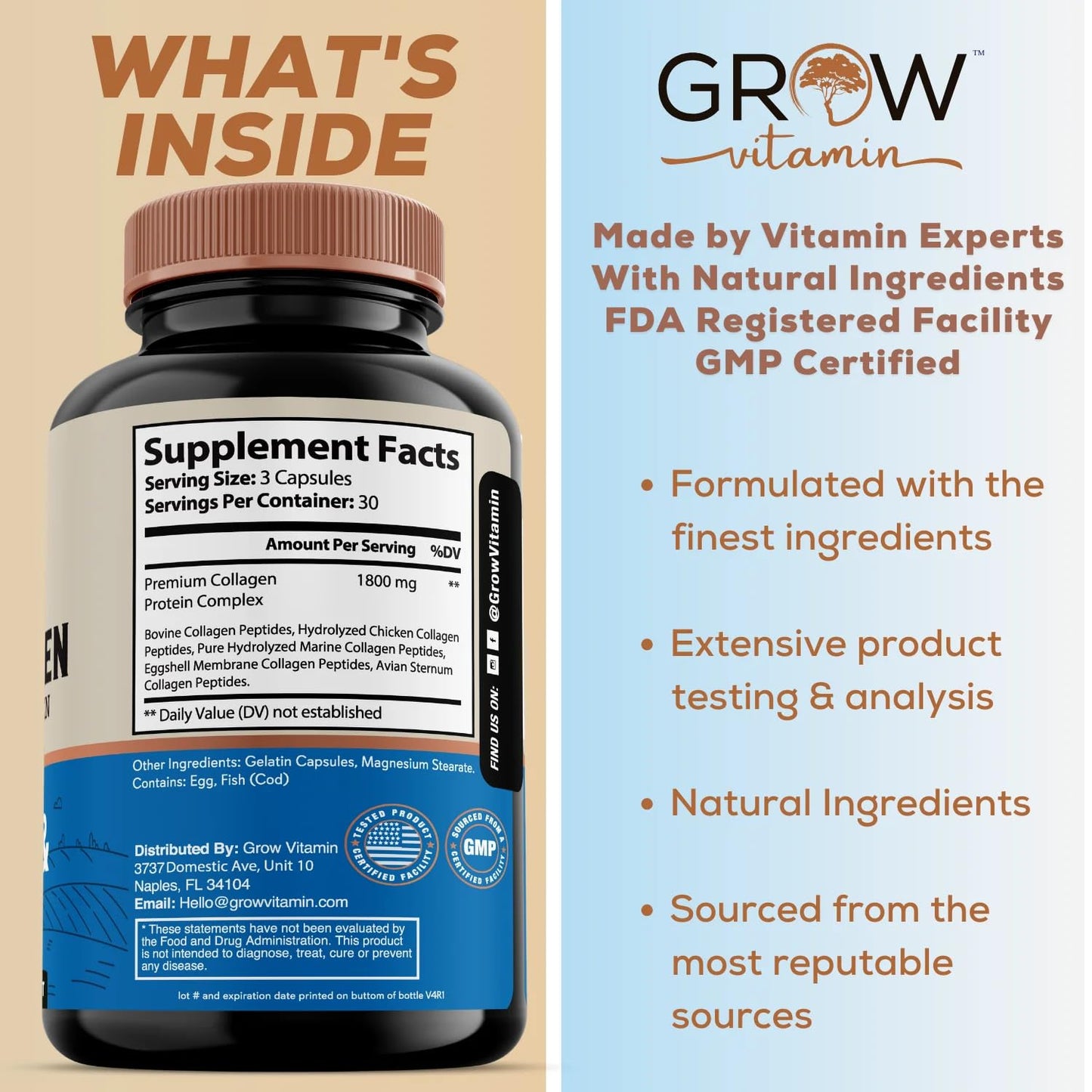 Grow Vitamin Multi Collagen Capsules 1800MG - Types I, II, III, V & X - Non-GMO Grass-Fed Collagen - Hair, Skin & Nails Support - 90 Capsules