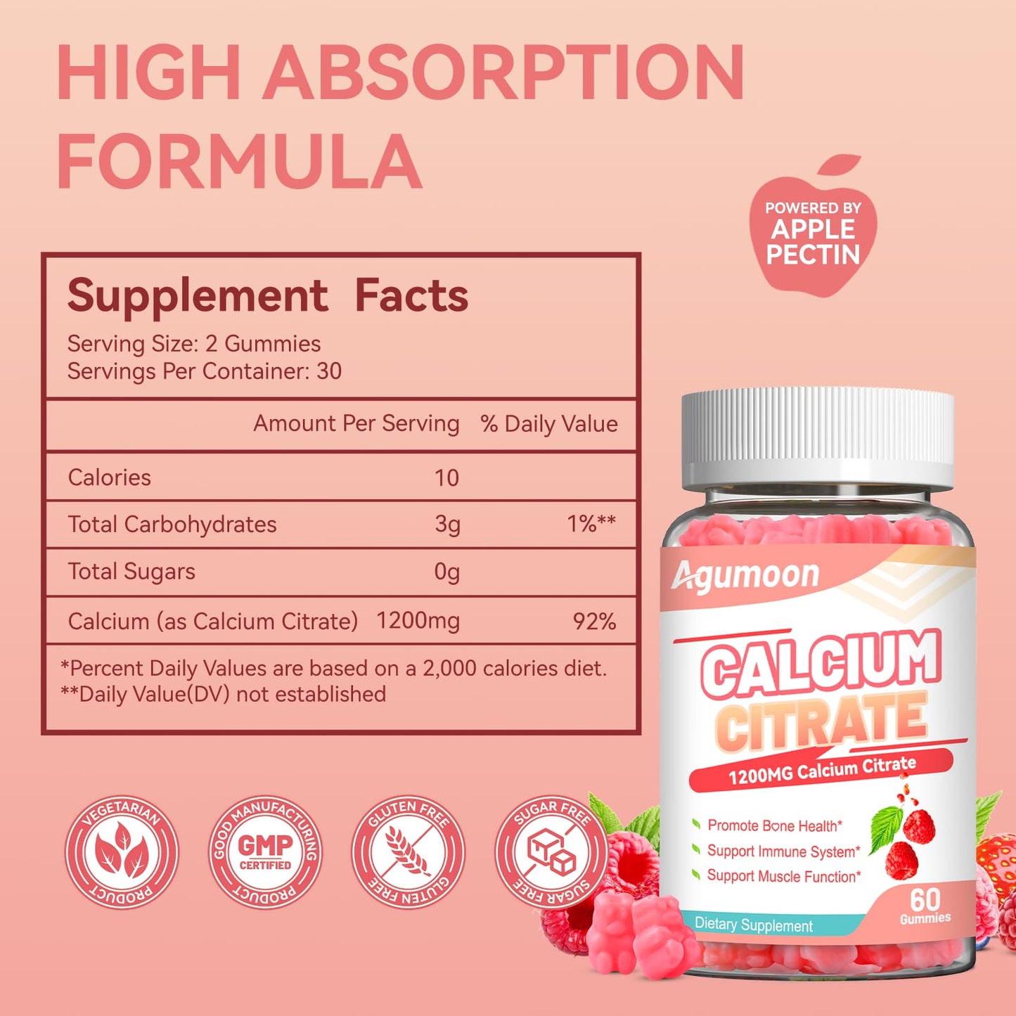 Agumoon Calcium Citrate Gummies 1200mg, 60 Gummies