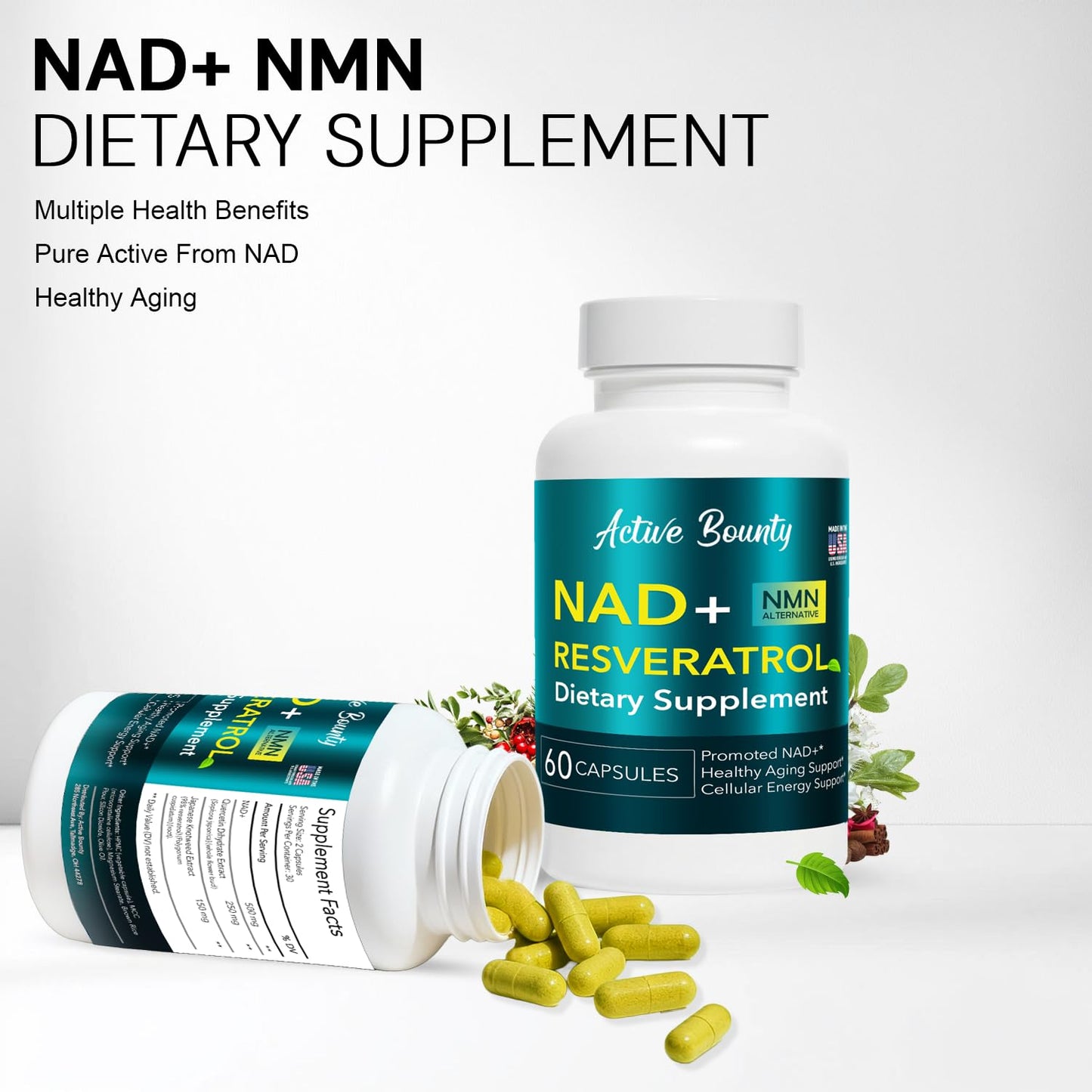 Active Bounty NAD+ Resveratrol with Quercetin – NMN Alternative for Cellular Energy, Focus & Healthy Aging, 500mg NAD+ Formula, Vegan, Non-GMO, Gluten-Free, Made in USA, 60 Capsules