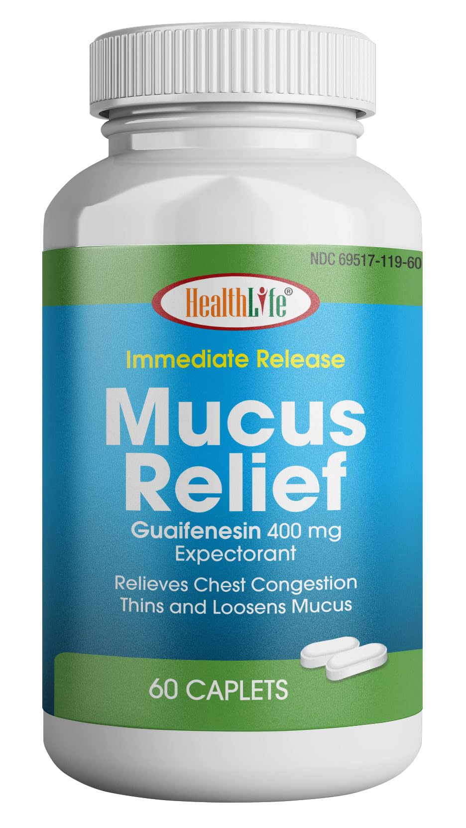 HEALTH LFE Mucus Relief Guaifenesin Caplets 400 mg, Immediate Release Fast Acting Expectorant, Thin and Loosens Mucus, Relieves Chest Congestion, Cough, Cold and Flu (Small, 60 Count)