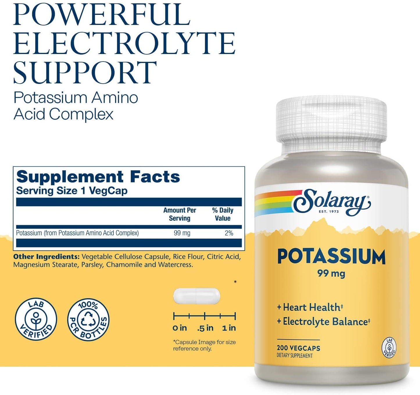 Solaray Potassium 99 mg, Fluid & Electrolyte Balance Formula, Cardiovascular, Nerve & Muscle Health Capsules, 200