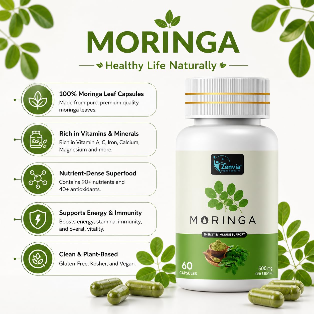 ZENVIA Organic Moringa Leaf Capsule 1000 mg, 60 Capsules