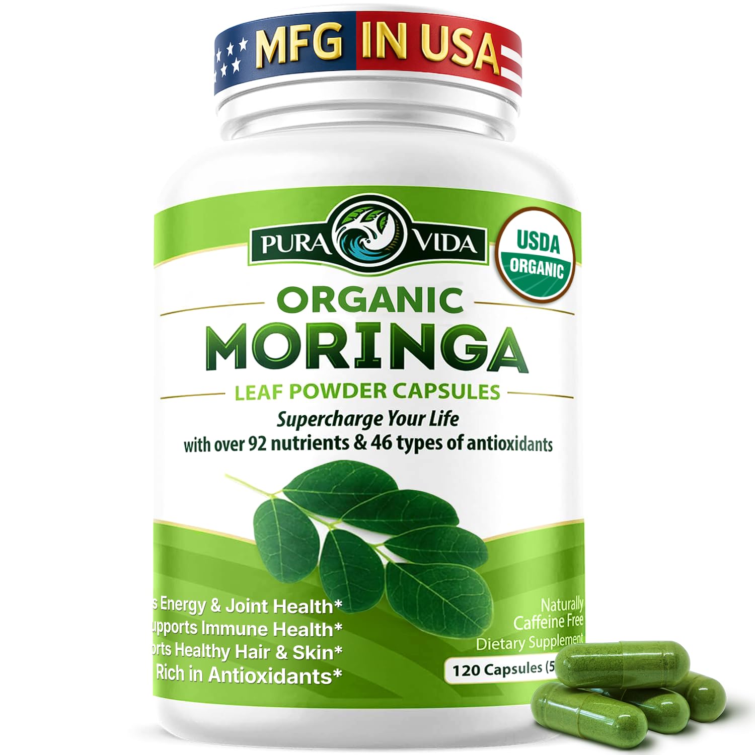Pura Vida Moringa Organic Moringa Capsules, 120 Capsules