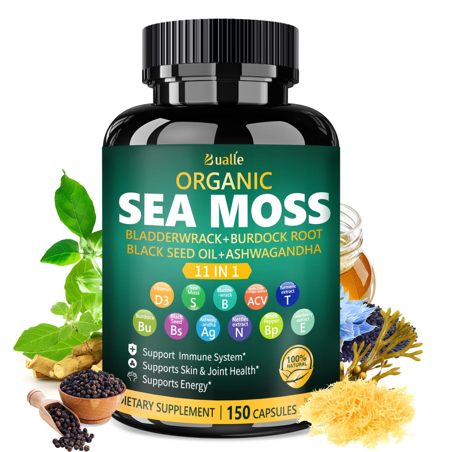 Bualle Organic Sea Moss Capsules, 150 Count