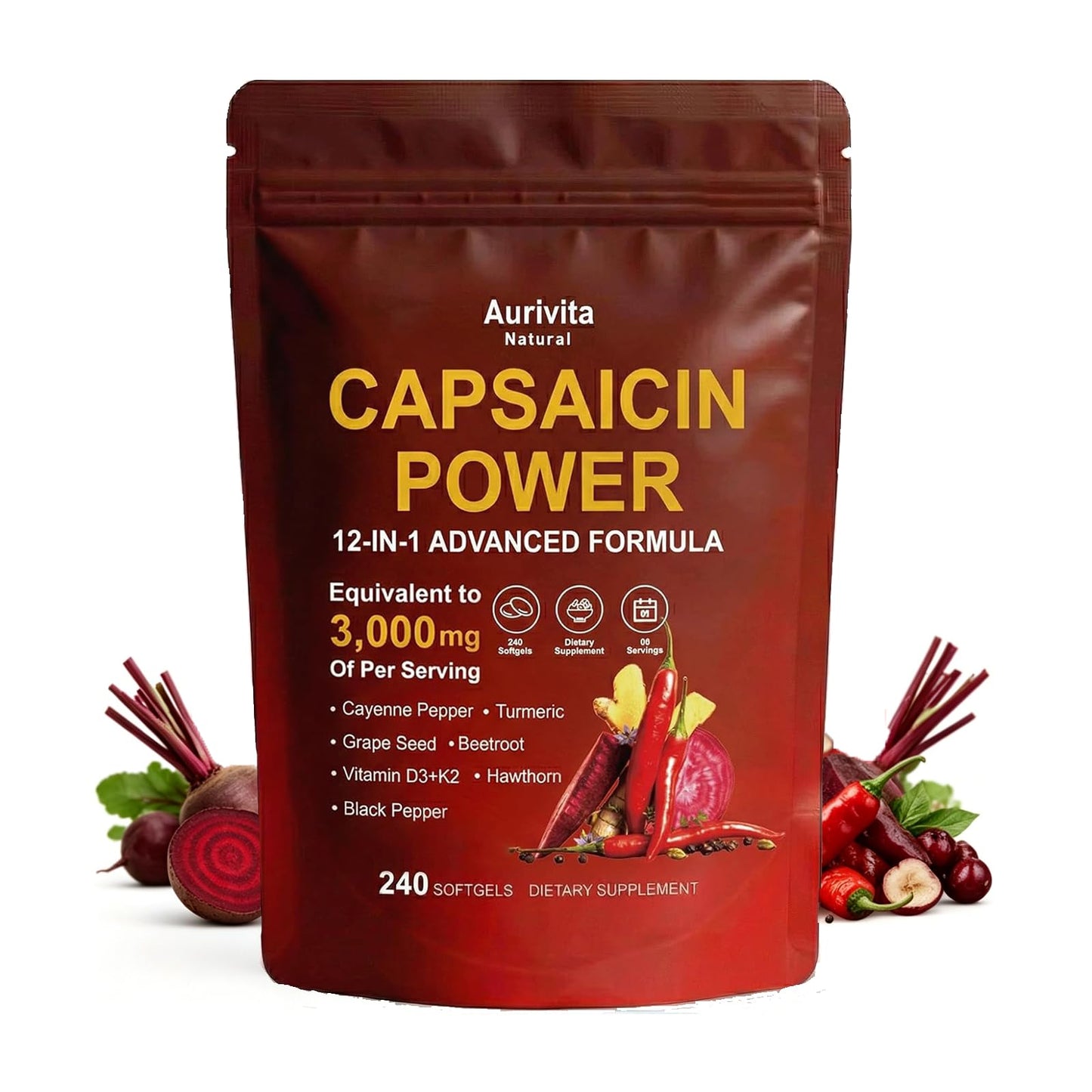 Aurivita Natural Capsaicin Softgels Cayenne Pepper, 240 Capsules