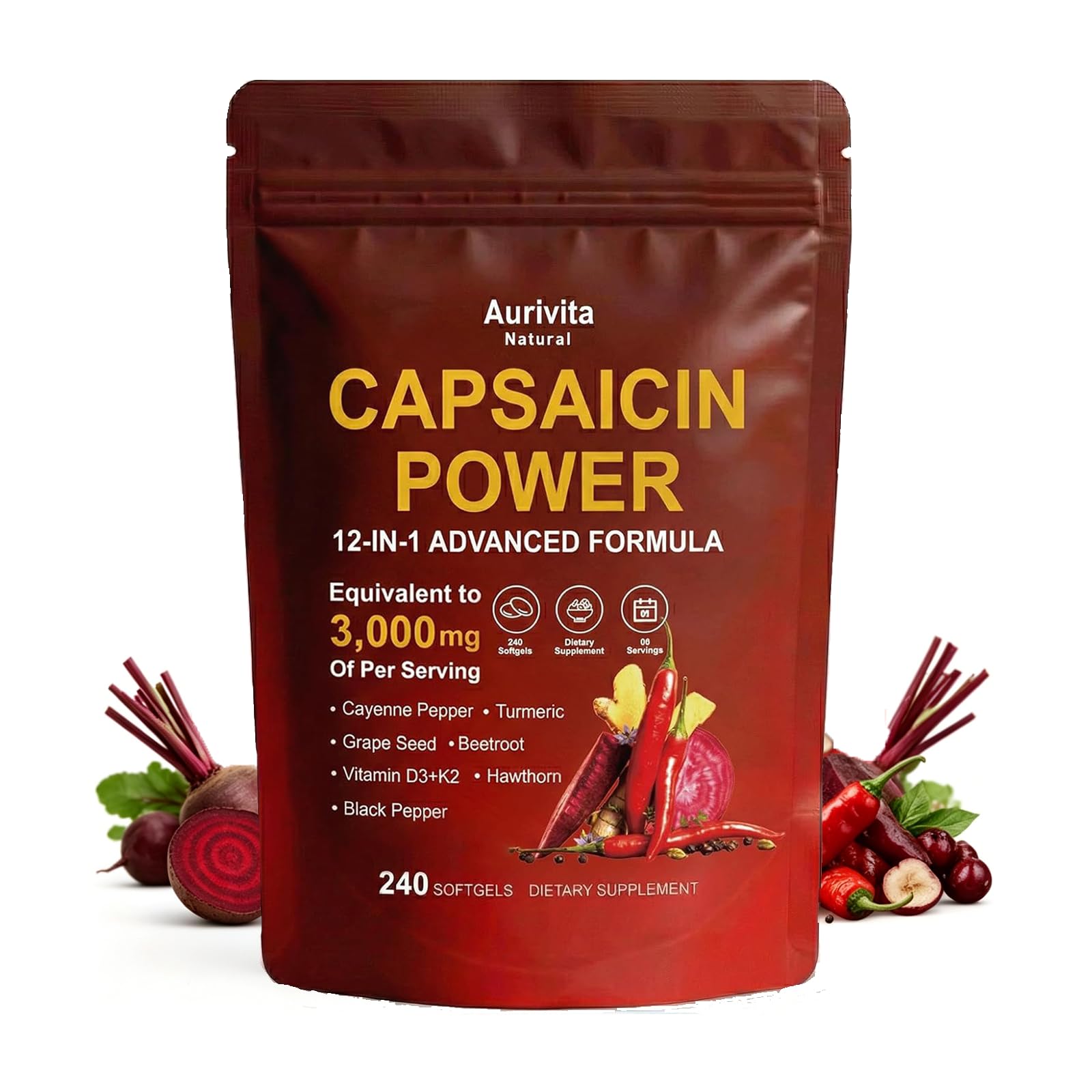 Aurivita Natural Capsaicin Softgels Cayenne Pepper, 240 Capsules