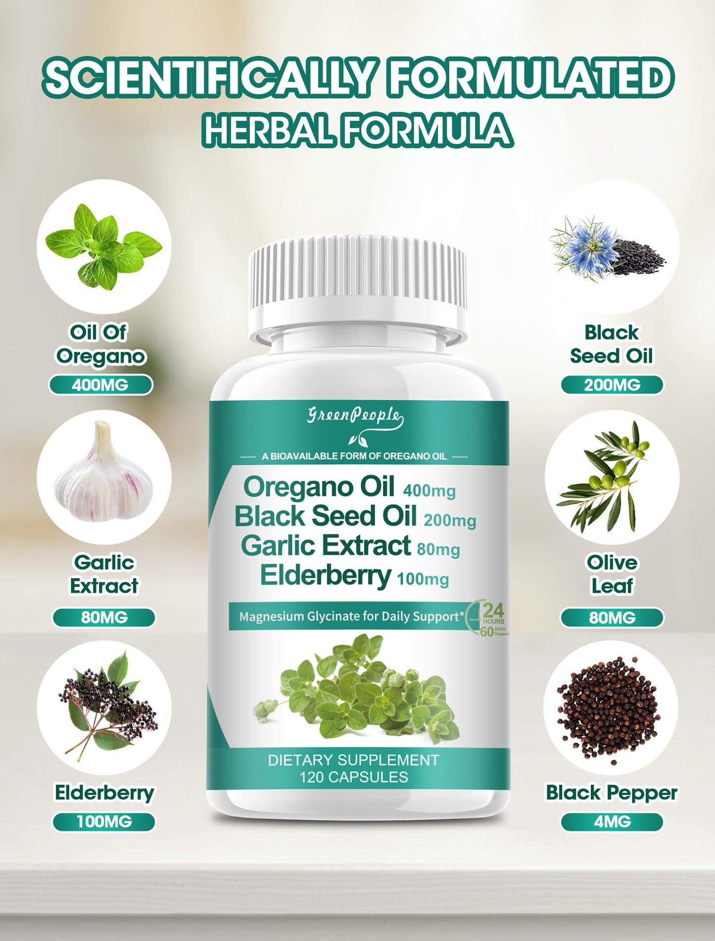 GREENPEOPLE Organic Oregano Oil Capsules – 11-in-1 Blend with Black Seed Oil, Elderberry, Garlic, Olive Leaf, Magnesium & Black Pepper for Absorption – Immune, Respiratory & Digestive Support – Vegan, Non-GMO, 120 Capsules