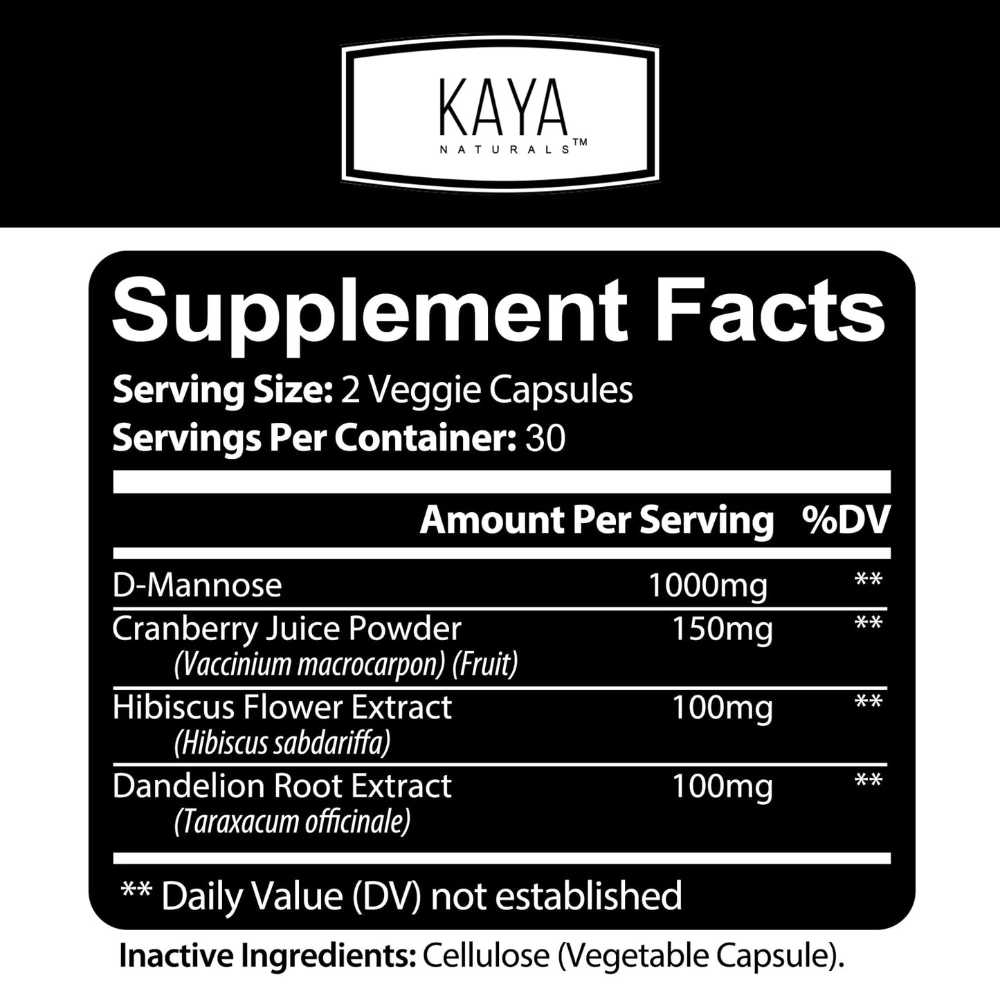 Kaya Naturals D-Mannose Cranberry Supplement Capsules 120 Capsules