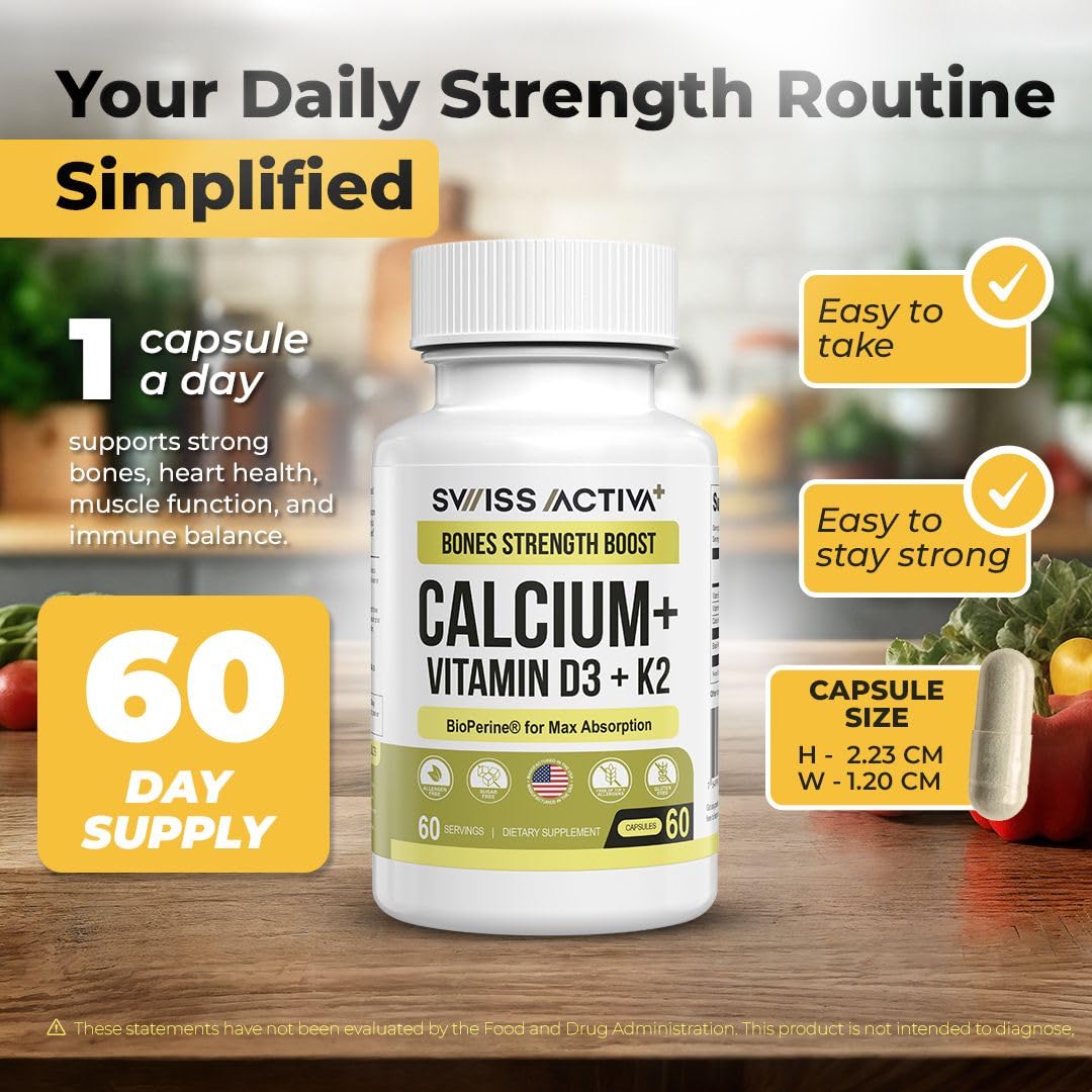 Swiss Activa+ Calcium with Vitamin D3 & K2 Capsule 60 Count