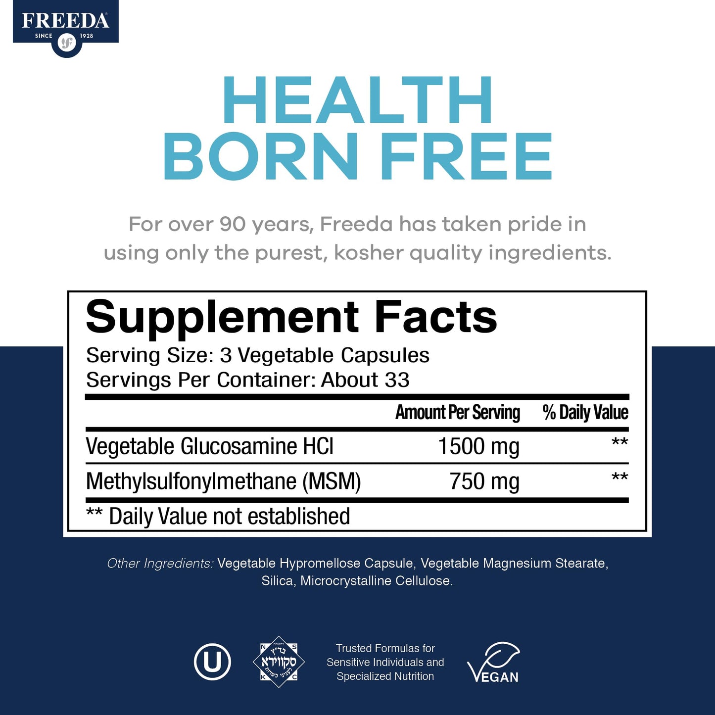 FREEDA Glucosamine MSM – Vegetarian Glucosamine HCl 1500 mg Without Shellfish + MSM 750 mg, 100 Capsules