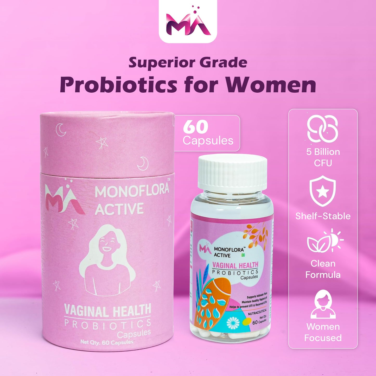 MONOFLORA ACTIVE Probiotics for Women 5 Billion CFU Vaginal Probiotic with Lactobacillus & Prebiotics, 60 Capsules
