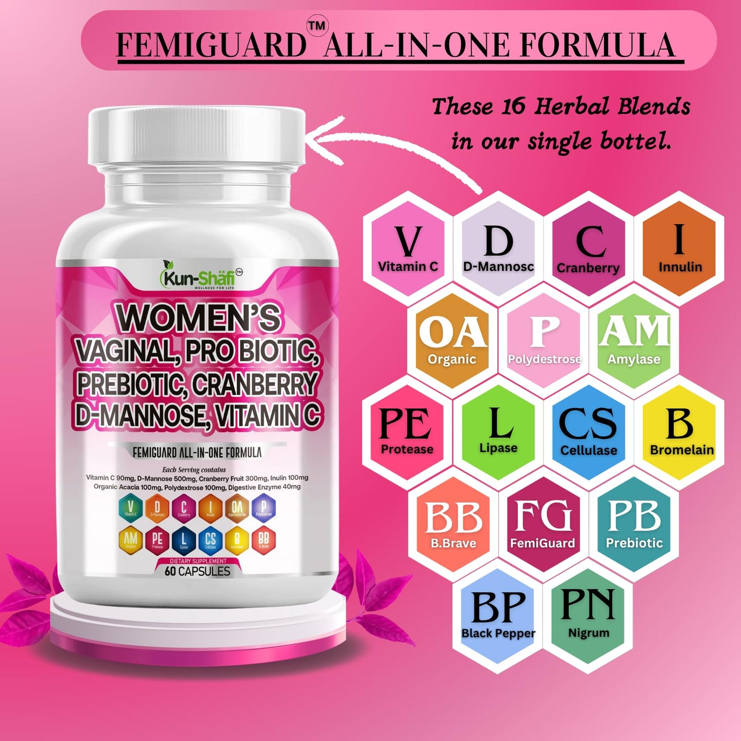 Kun Shafi Vaginal Probiotic for Women – Cranberry, D-Mannose, Inulin, Vitamin C, Prebiotic & Enzyme Complex – Feminine Health, UTI Cleanse & pH Balance Support, 60 Capsules