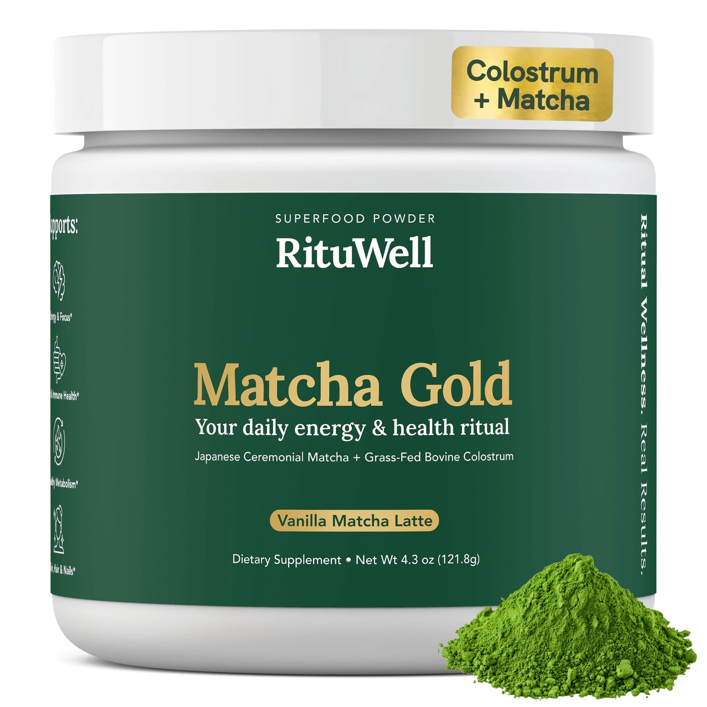 RituWell Matcha Gold Grass-Fed Bovine Colostrum + Japanese Ceremonial Grade Matcha Powder 4.3 Ounce