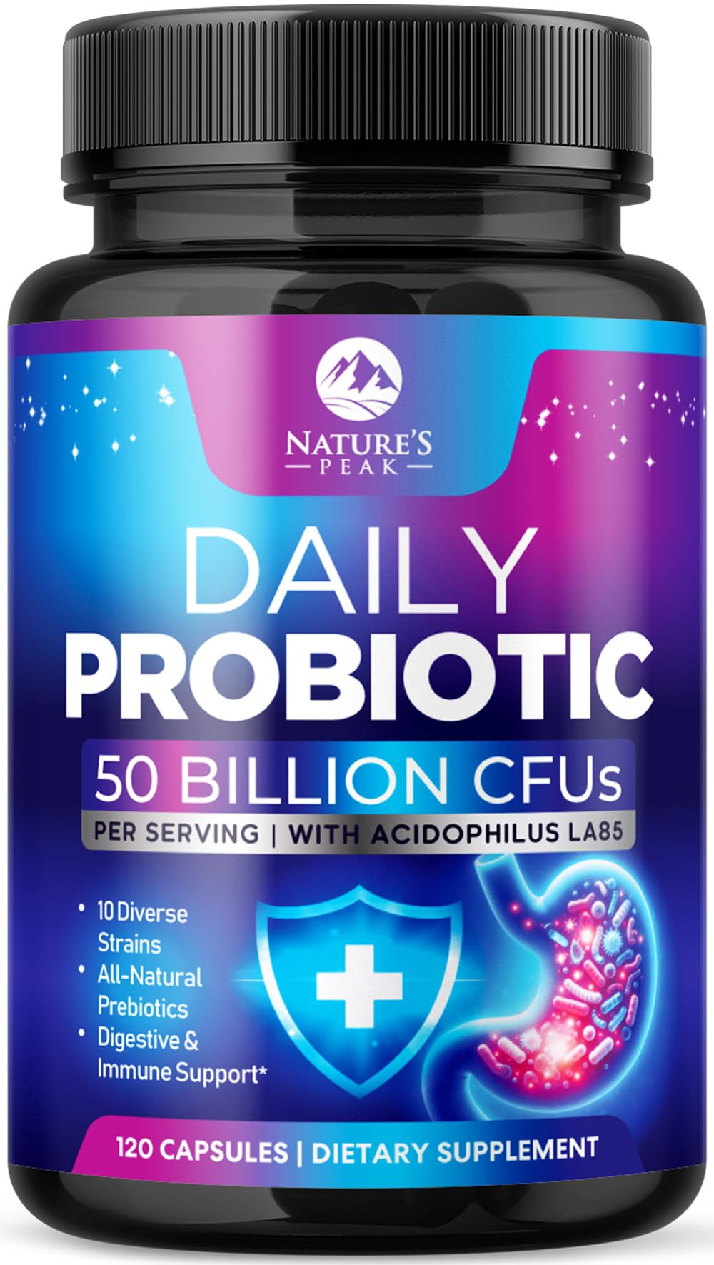 Nature's Peak Probiotics 50 Billion CFU Per Serving - 10 Premium Strains + Digestive Enzymes & Prebiotics, 120 Capsules