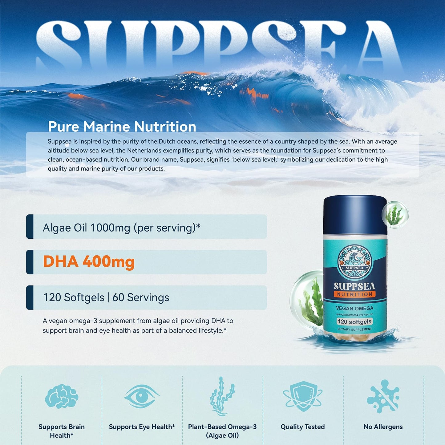 SUPPSEA Vegan Omega Algae Oil Softgels, 120 Count