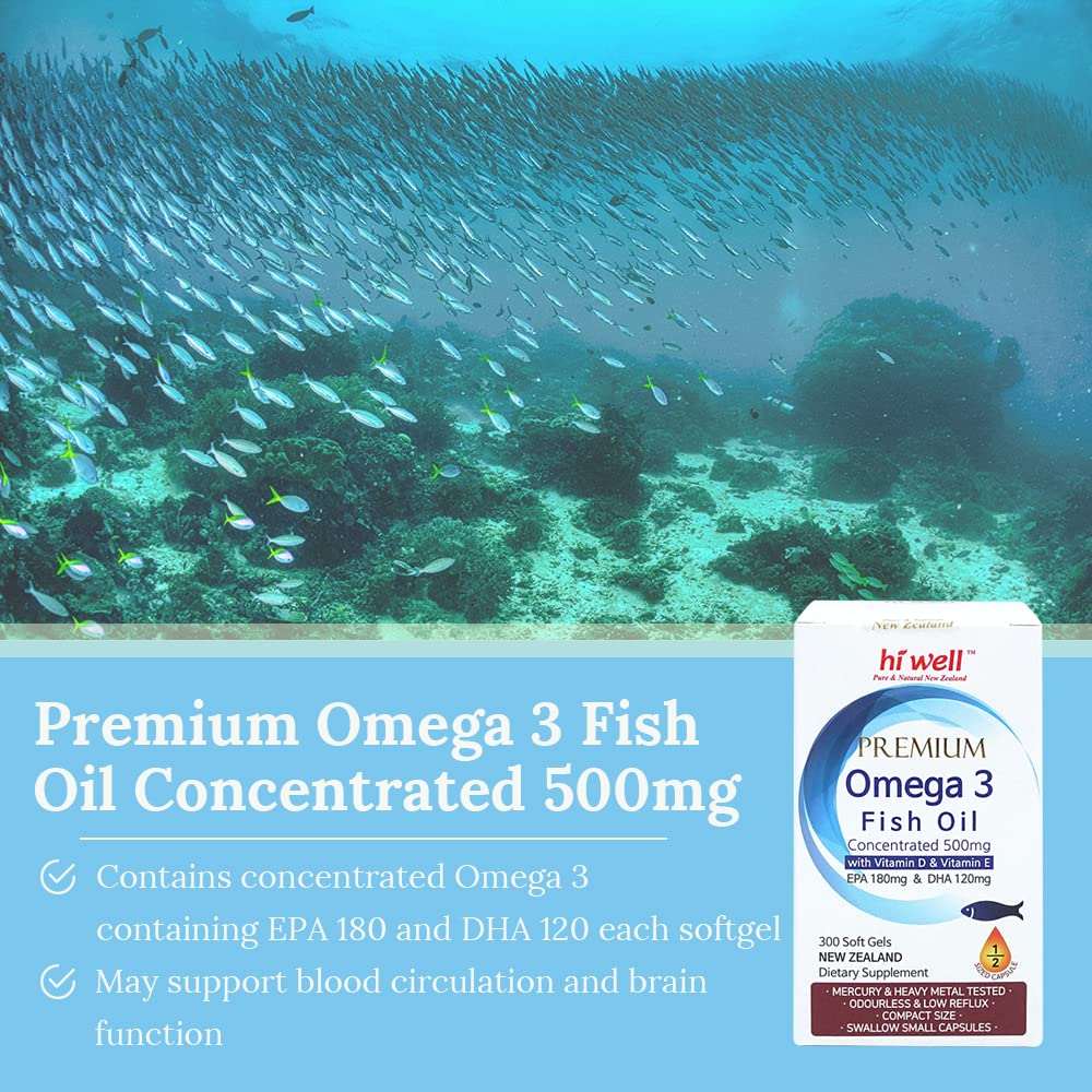 Hi Well Pure & Natural New Zealand Premium Omega-3 Fish Oil Concentrated 500mg Capsule, 300 Count