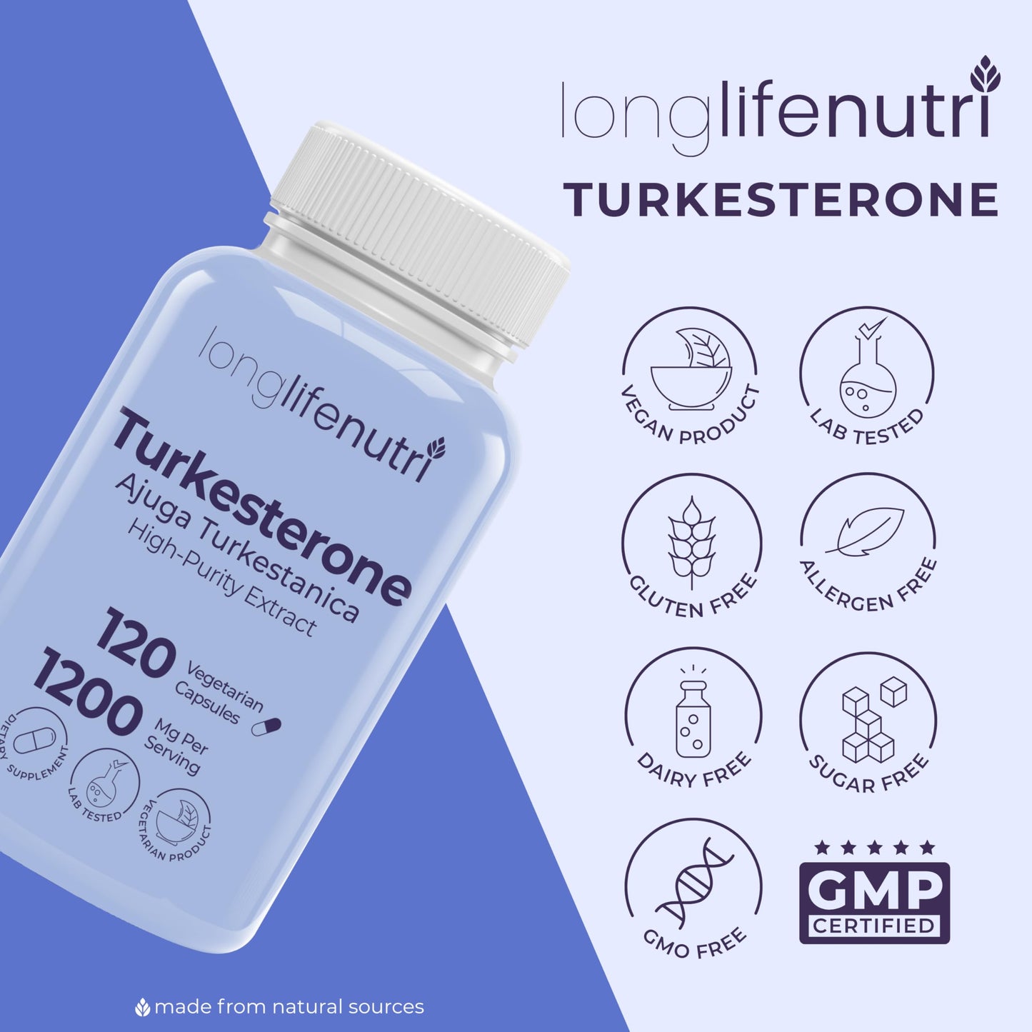 LongLifeNutri Turkesterone 1200mg Ajuga Turkestanica for Strength, Recovery and Muscle Growth, Capsules, 120