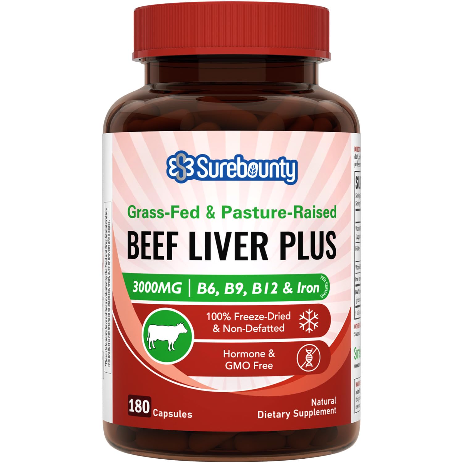 Surebounty Grass-Fed & Pasture-Raised Beef Liver Plus Capsules, 180 Count