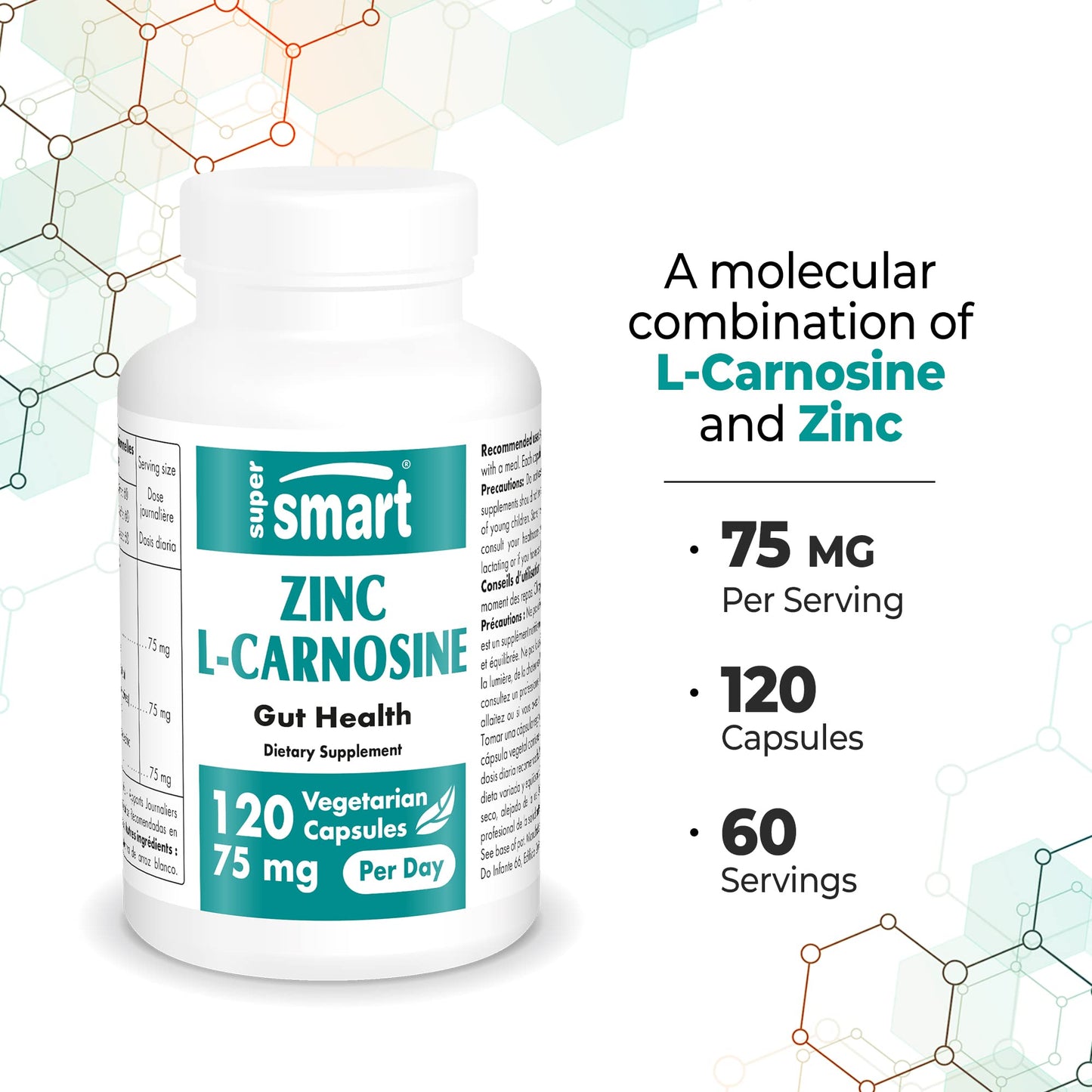 Supersmart Zinc L-Carnosine + Betaine HCl (Gastric Health) Vegetarian Capsules, 240 Capsules