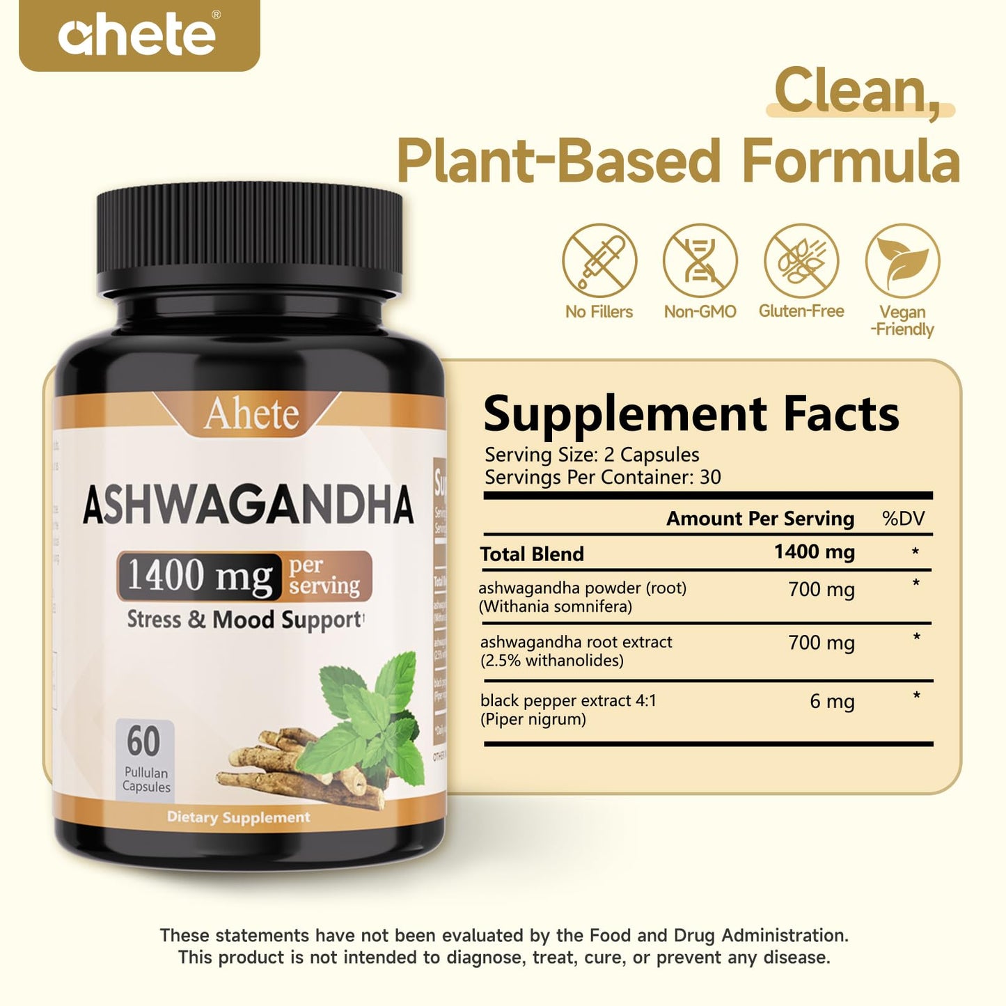 Ahete Ashwagandha Supplement Capsule, 60 Capsules