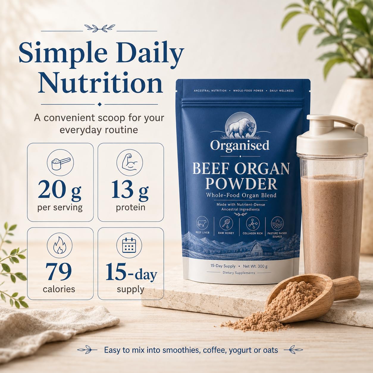 Organised Beef Organ Powder with Collagen & Colostrum, 10.6 oz
