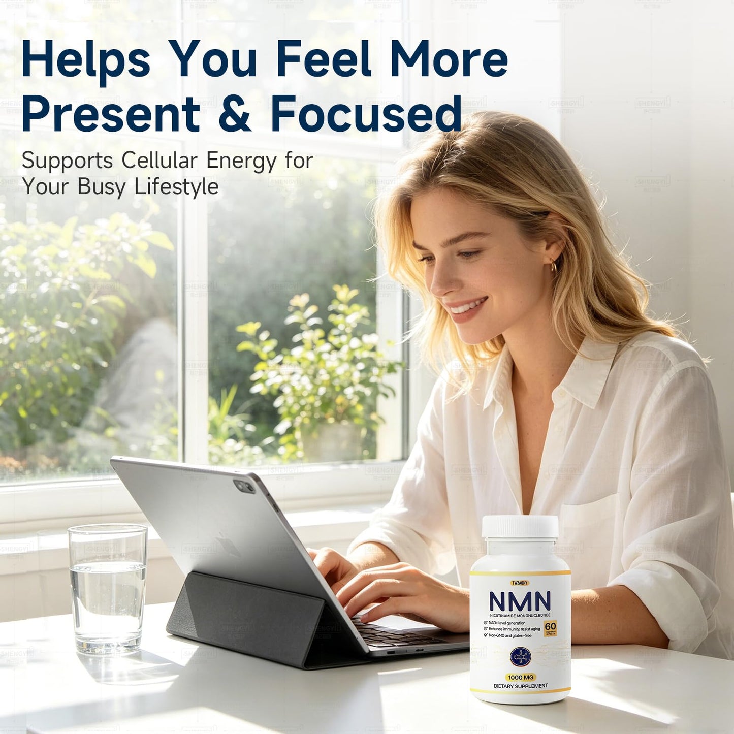 Twzaqny NMN Supplement 1000mg 10-in-1 Formula with Nicotinamide Mononucleotide, Resveratrol, and NAD+ Precursors 60 Capsules