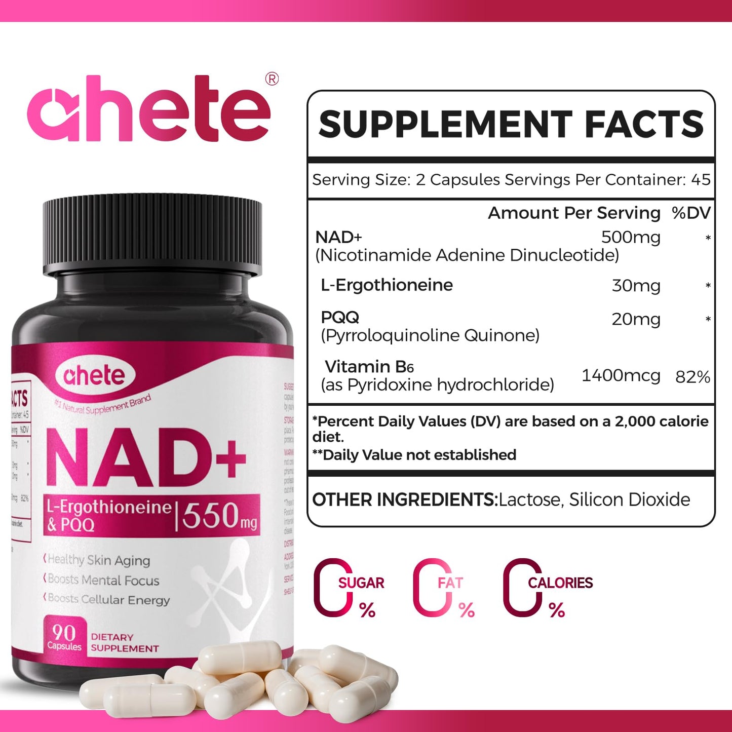 Ahete NAD Supplement with L-Ergothioneine, PQQ, Vitamin B6, NMNH, 90 Capsules