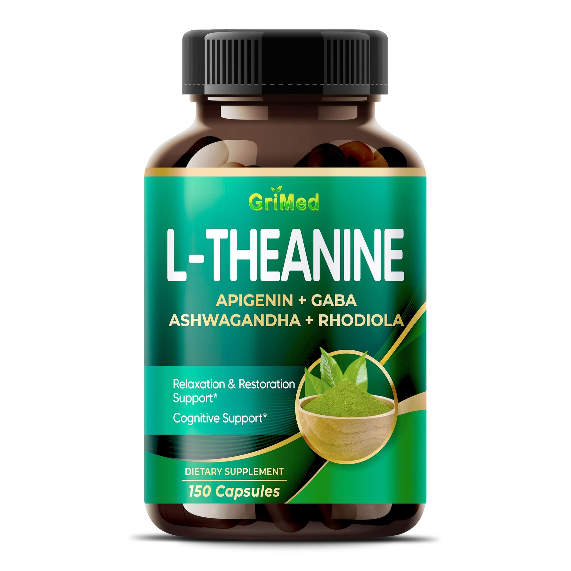 GriMed L-Theanine Capsules with Apigenin, GABA, Ashwagandha, Rhodiola, Lemon Balm & Black Pepper, Relaxation and Focus Support, 150 Count