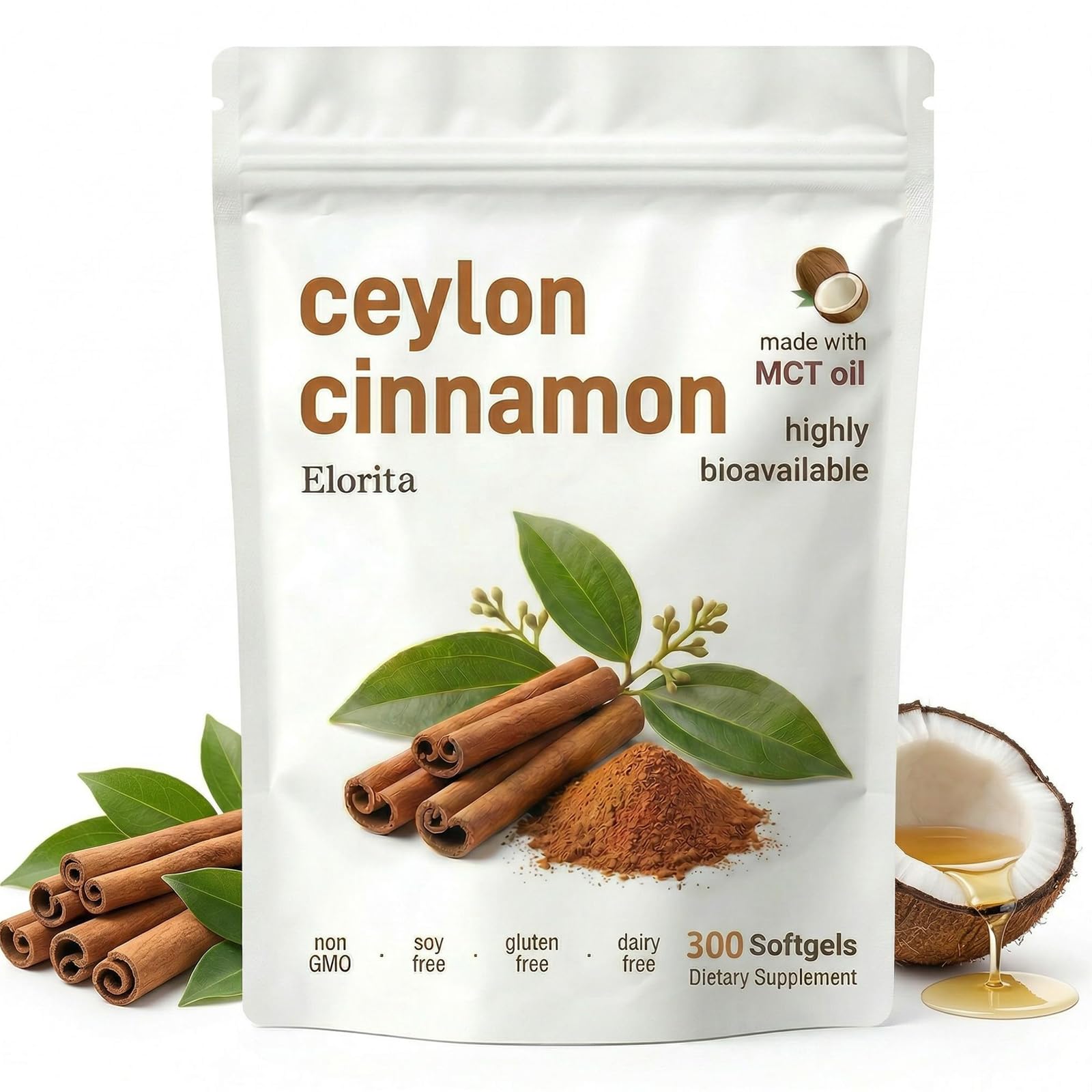 Elorita Ceylon Cinnamon Softgels with MCT Oil Capsule, Non-GMO & Gluten Free, 300 Softgels