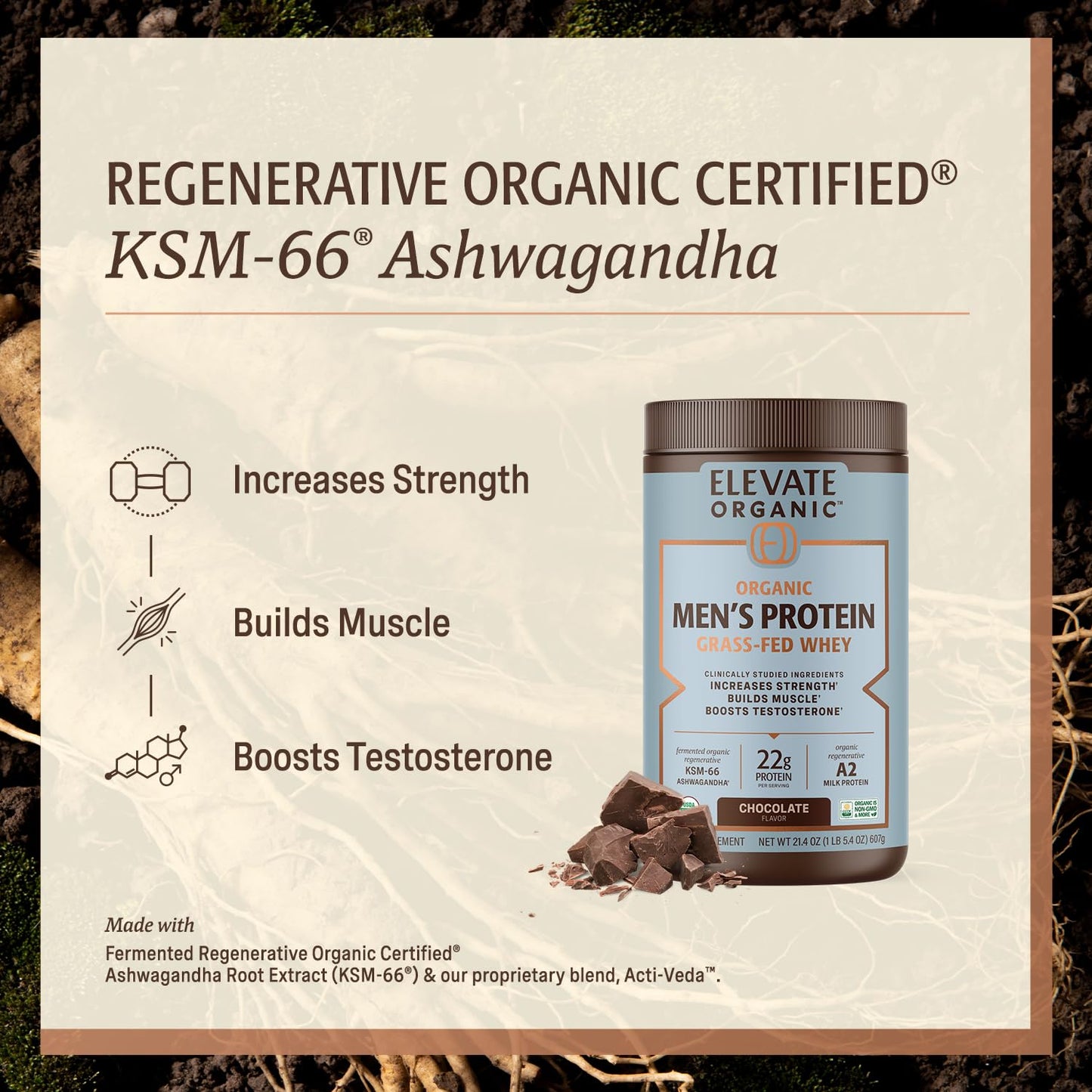 ELEVATE ORGANIC Men's Grass-Fed A2 Regenerative Whey Protein Powder, Chocolate, 1.33 lb