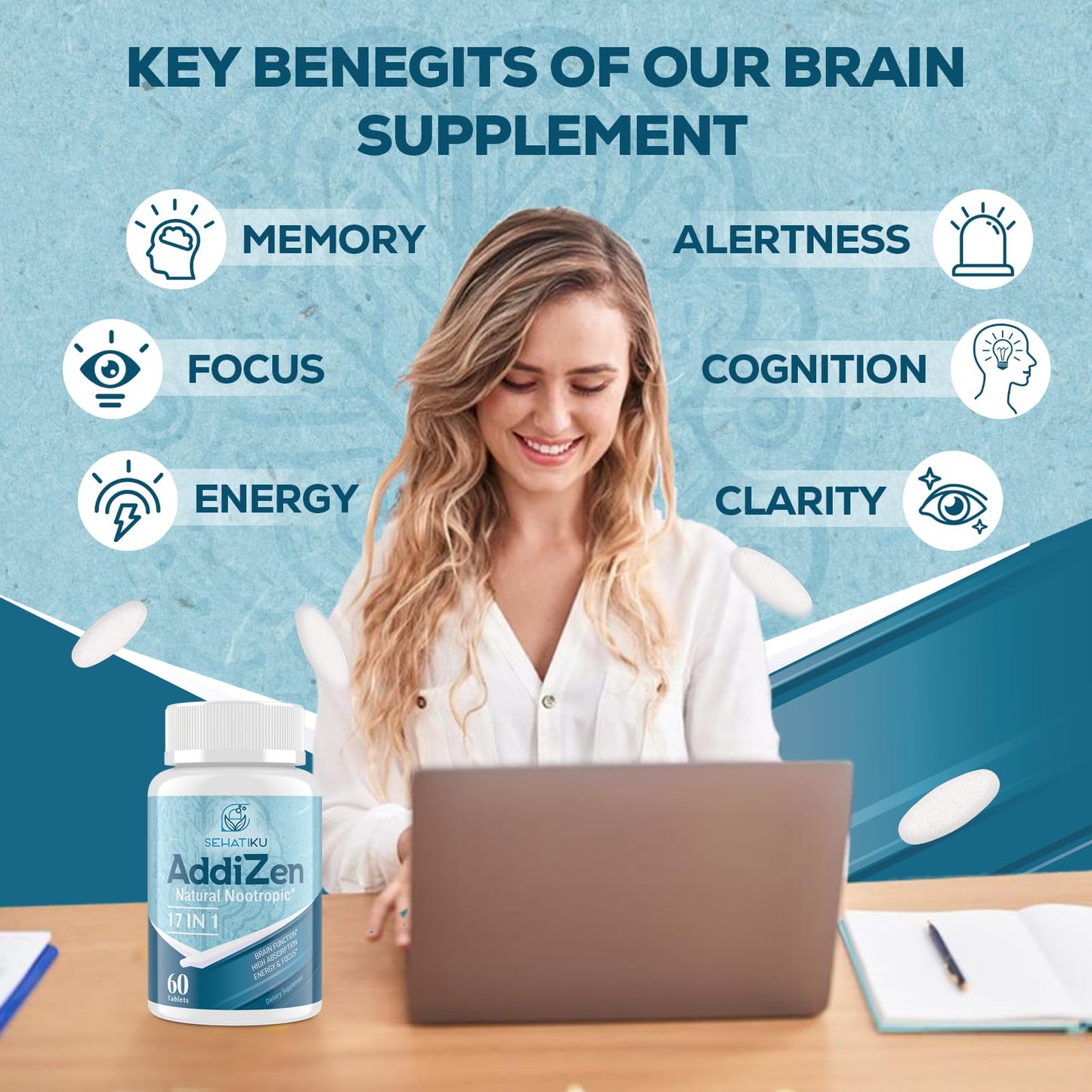 SehatiKu 17-in-1 Brain Supplement for Memory and Focus - High Absorption Tablet, 60 Tablets