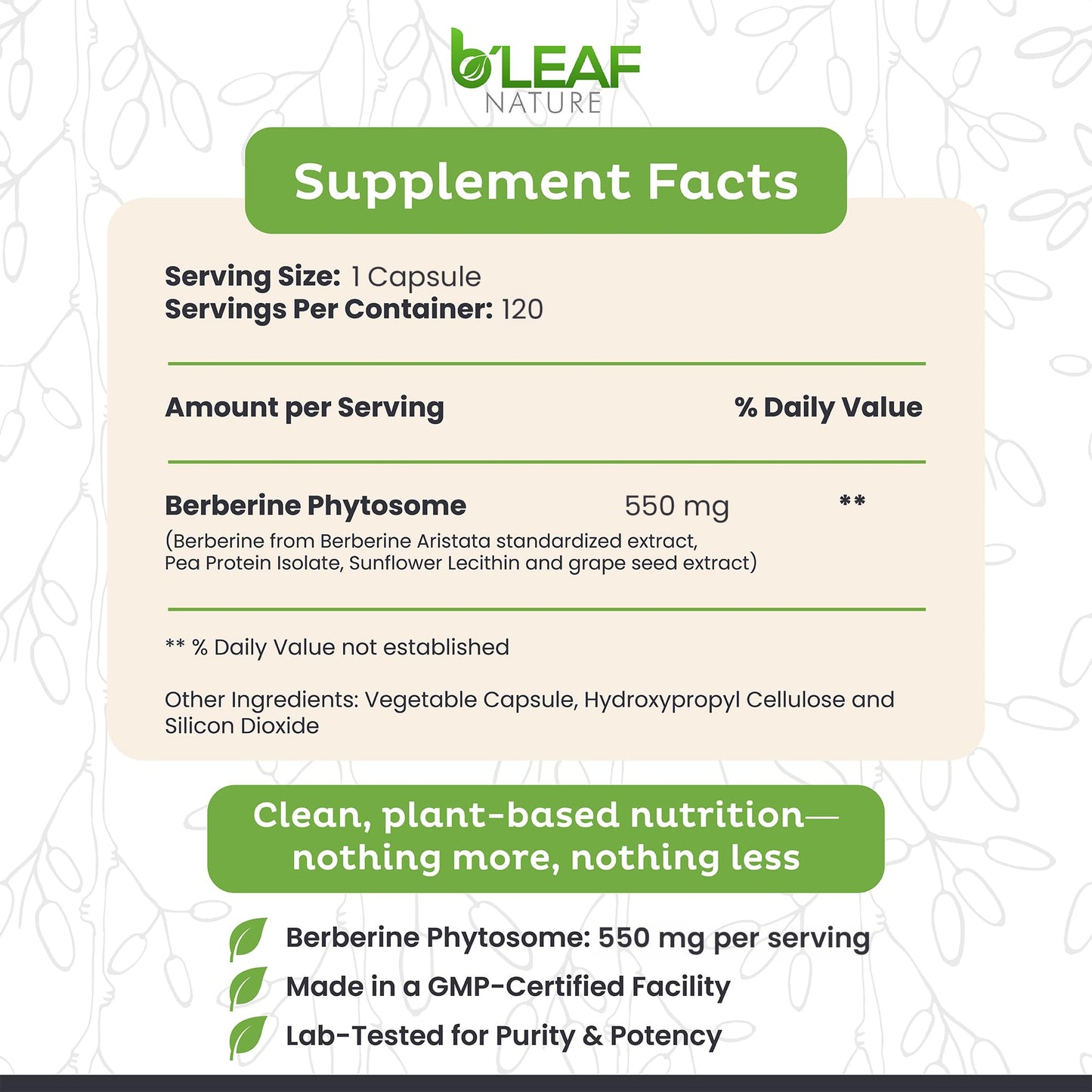 B'LEAF NATURE Berberine Phytosome Capsules, 120 Count