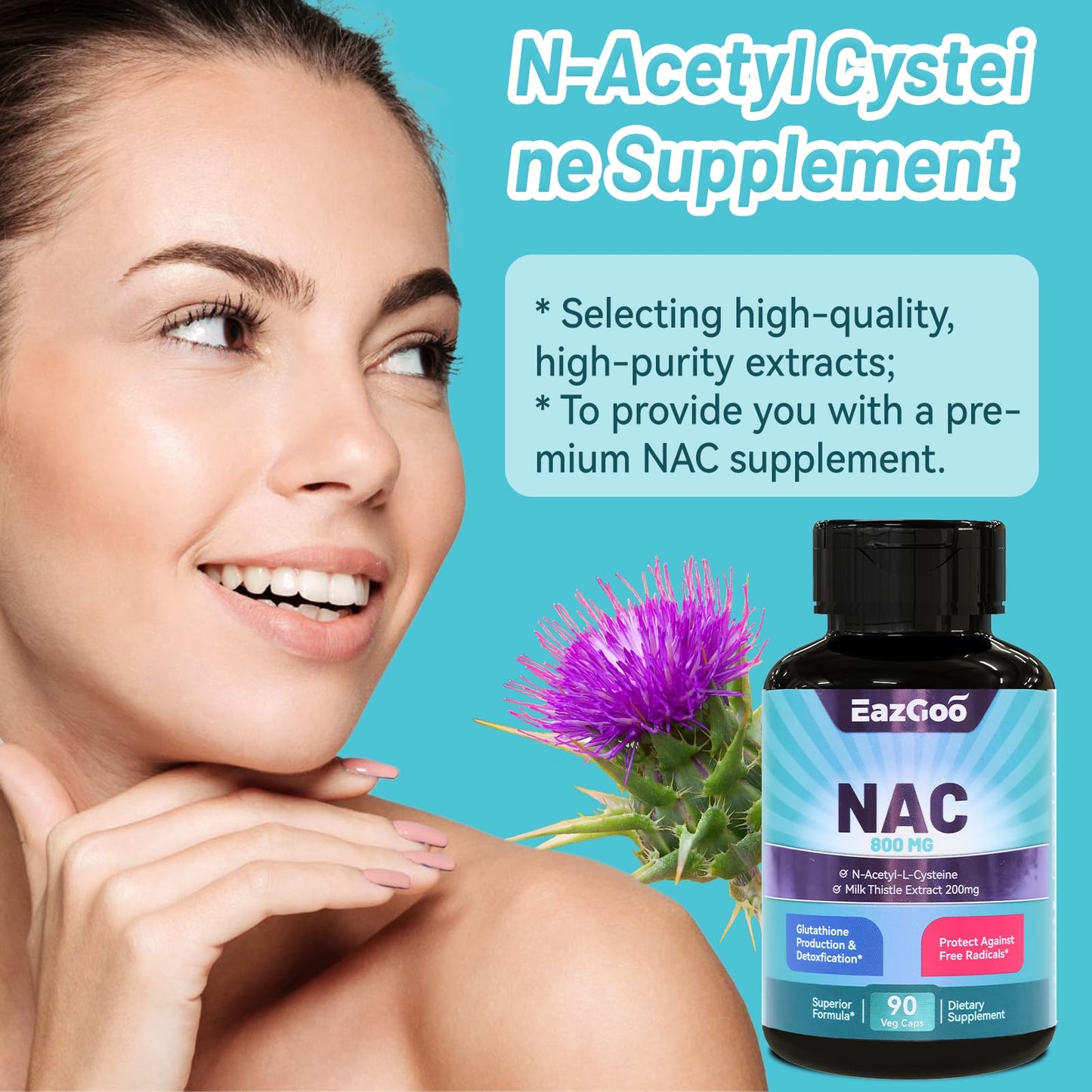 EAZGOO NAC (N-Acetyl Cysteine) Capsules 800mg with Milk Thistle 200mg, Antioxidant Support, Vegan, GMOs-Free, 90 Capsules