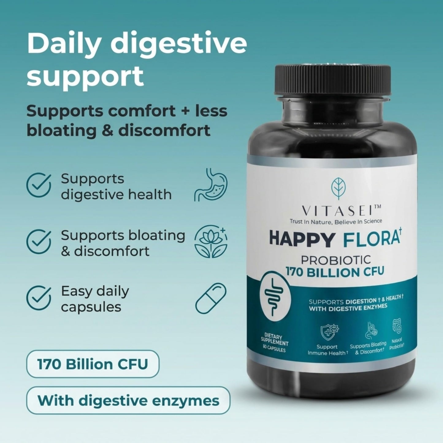VITASEI Happy Flora Probiotic Supplement – 170 Billion CFU with Digestive Enzymes – Gut Health and Metabolic Support for Women and Men – 120 Capsules