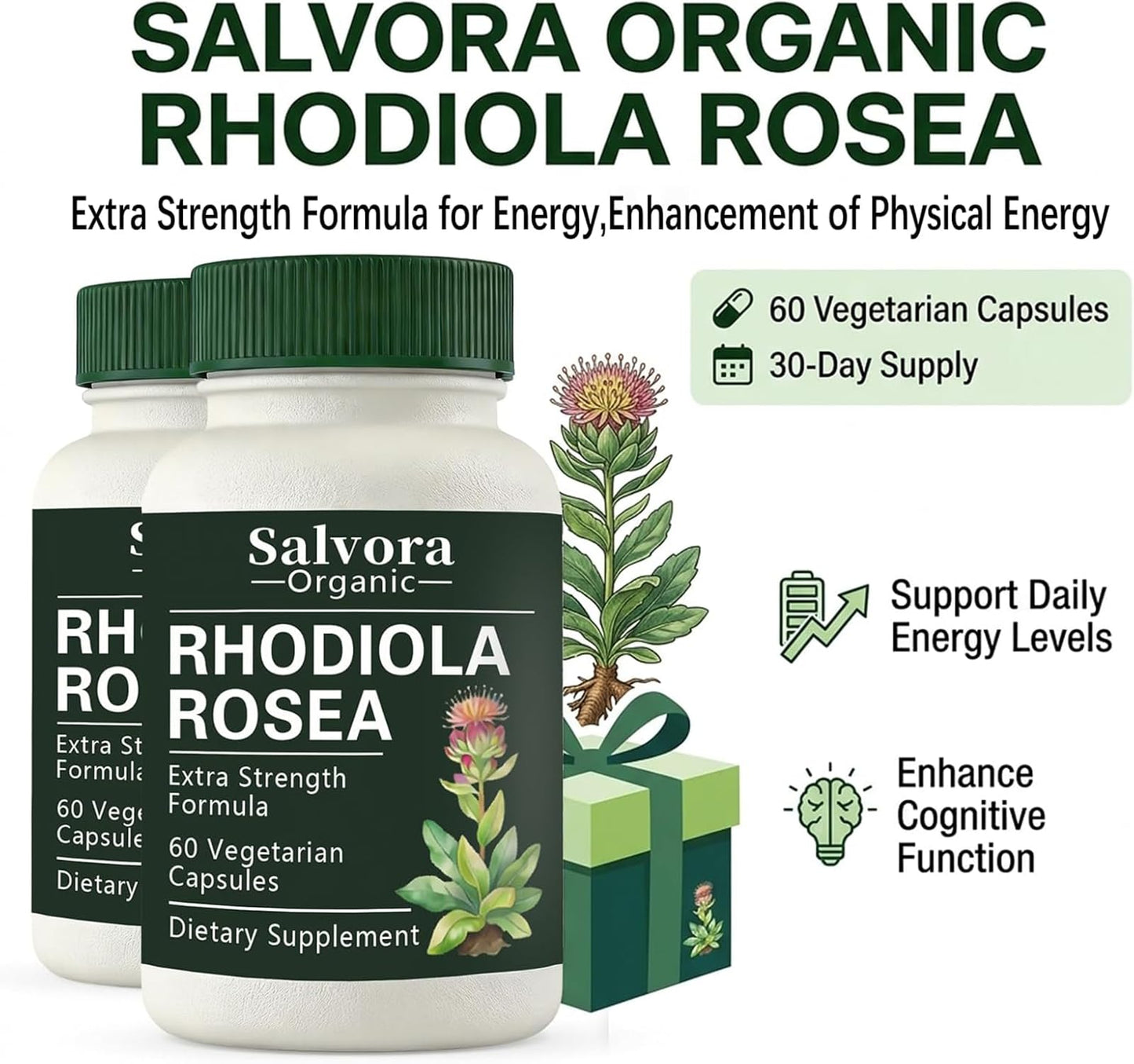 Salvora Organic Rhodiola Rosea Non-GMO Capsules, 60 Count