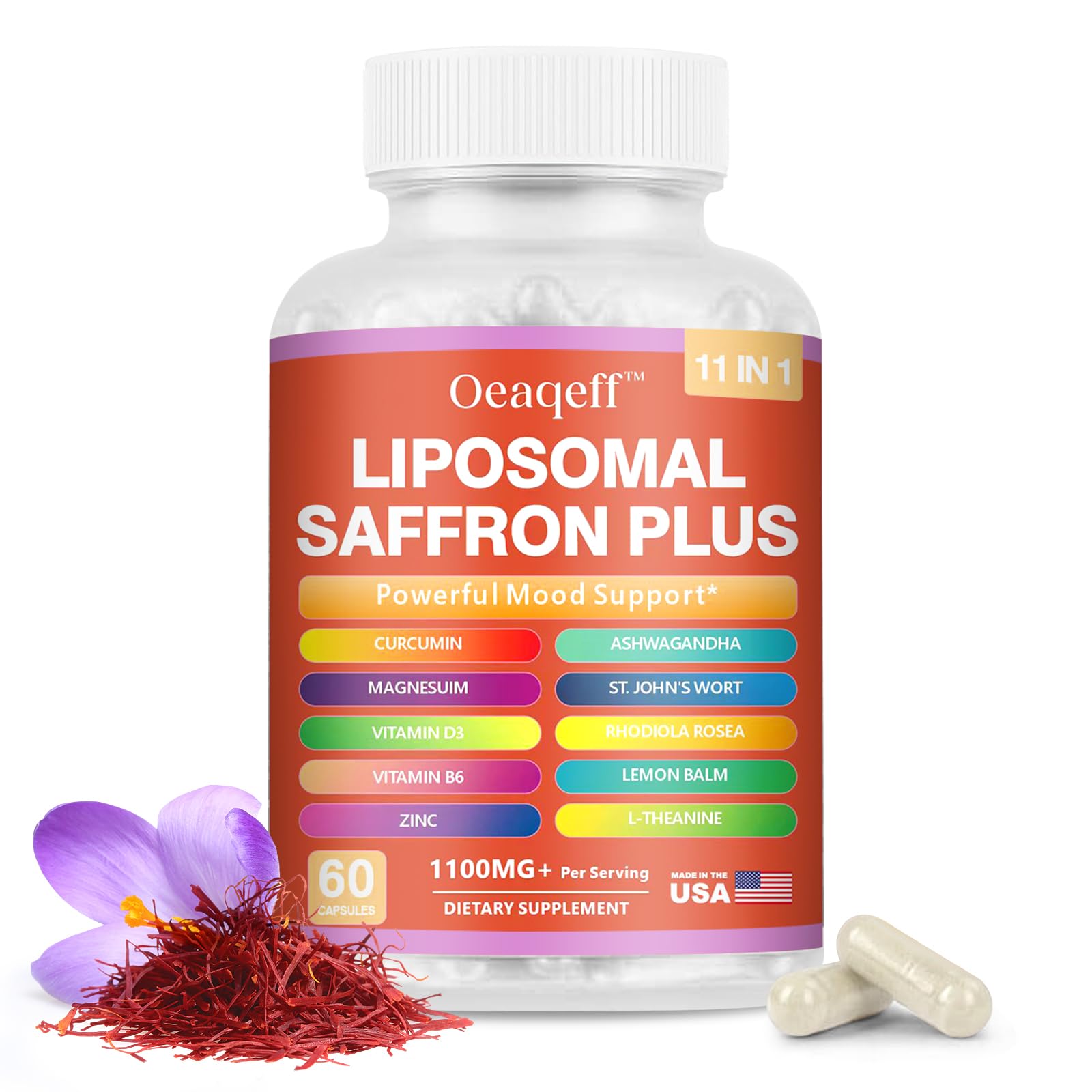 Oeaqeff Liposomal Saffron Supplements 11-in-1, 100% Pure Saffron Extract 88.5 mg Maximum Absorption for Mood, Energy & Vision, Vegan, Non-GMO, 60 Capsules