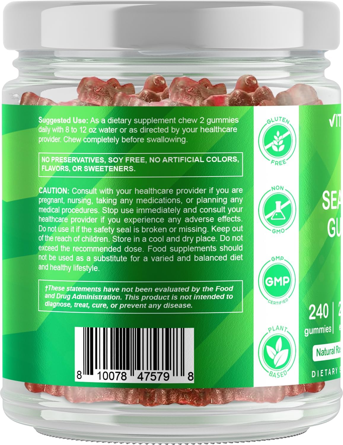 Vitamatic Irish Sea Moss & Bladderwrack Gummies with Burdock Root – Plant-Based Extract – Vegan, Non-GMO, Gluten-Free – Botanical Supplement, 240 Gummies