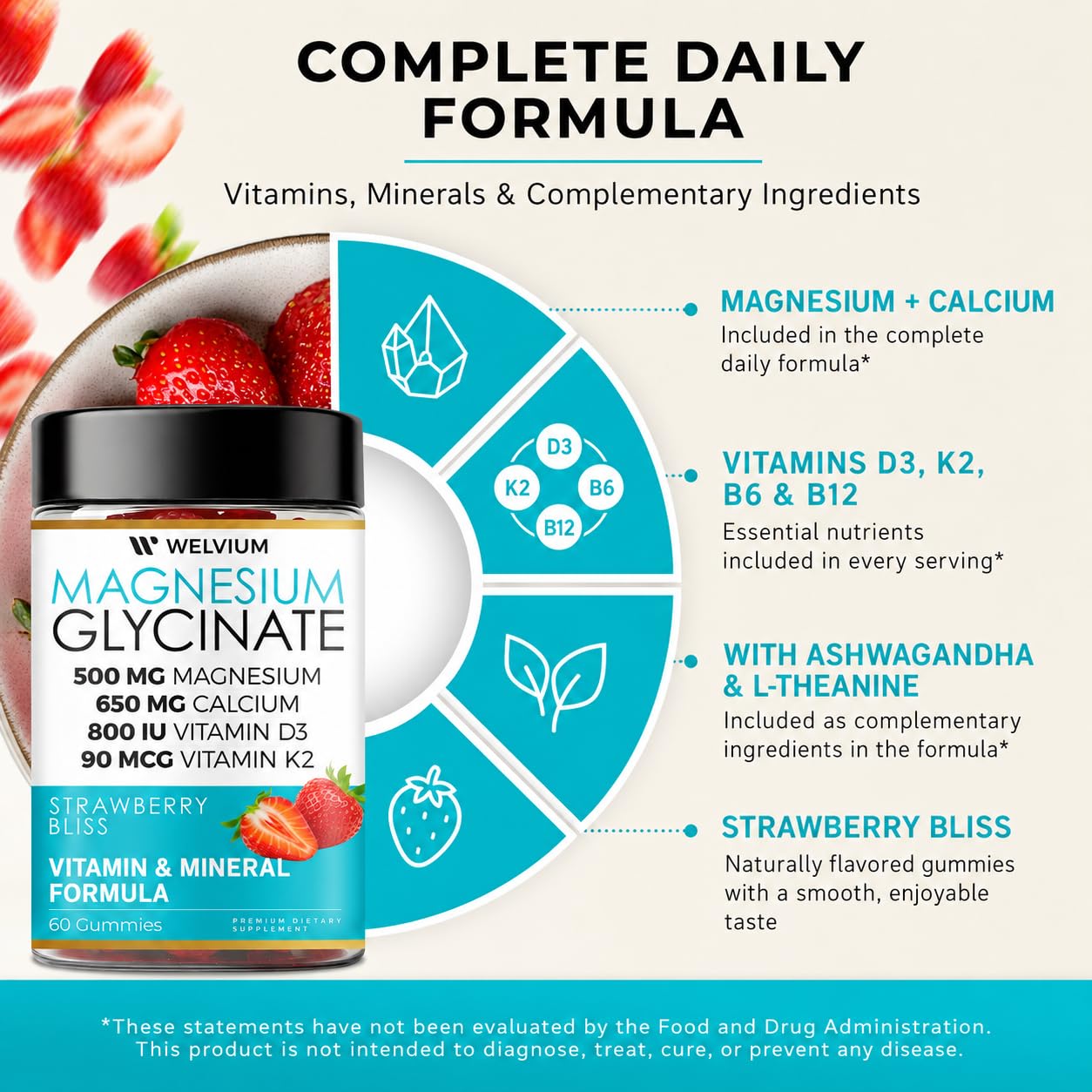 WELVIUM Magnesium Glycinate Gummies with Ashwagandha, L-Theanine & Vitamins, 60 Gummies