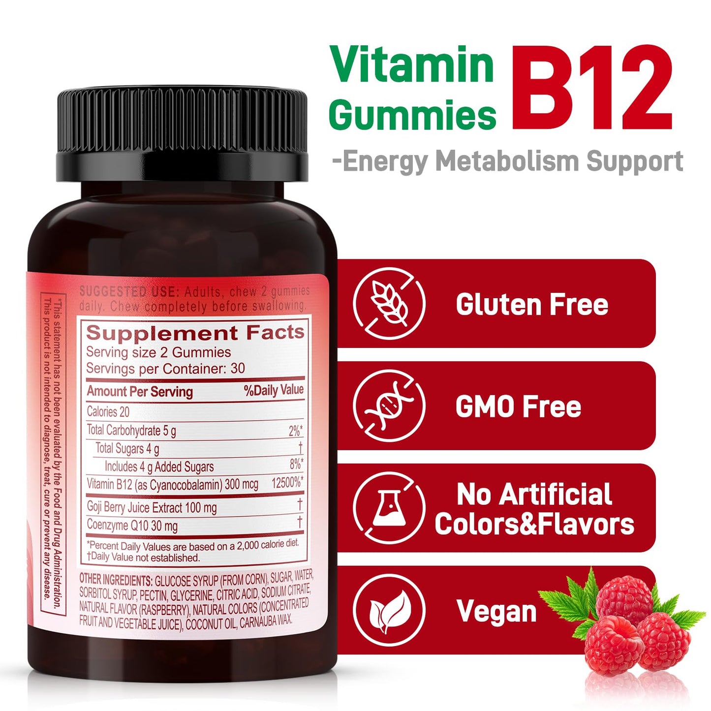 Biobor Natural Energy Gummies with Vitamin B12, Goji, CoQ10, 120 Count