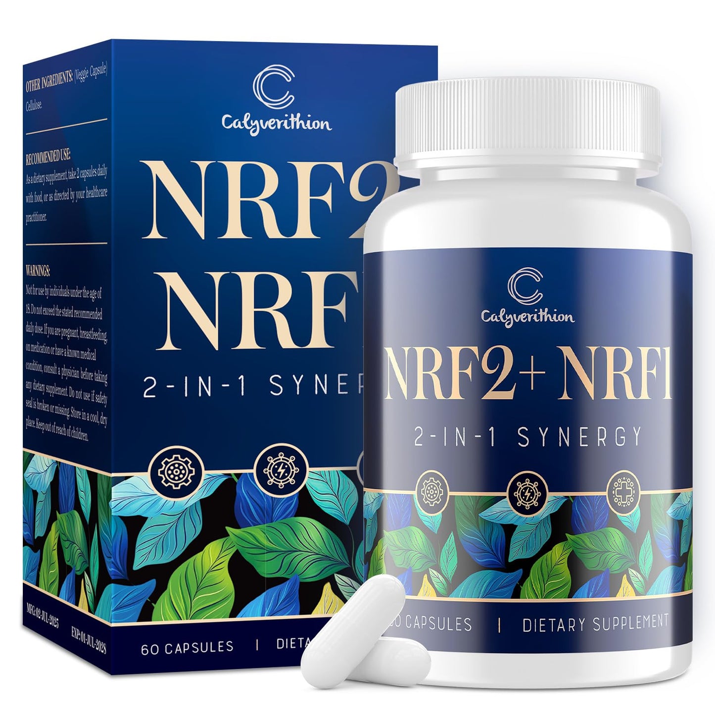 Calyverithion NRF1 & NRF2 Supplement 1500mg Dual Pathway Antioxidant Formula with CoQ10, Curcumin, Trans-Resveratrol & Ashwagandha 60 Capsules