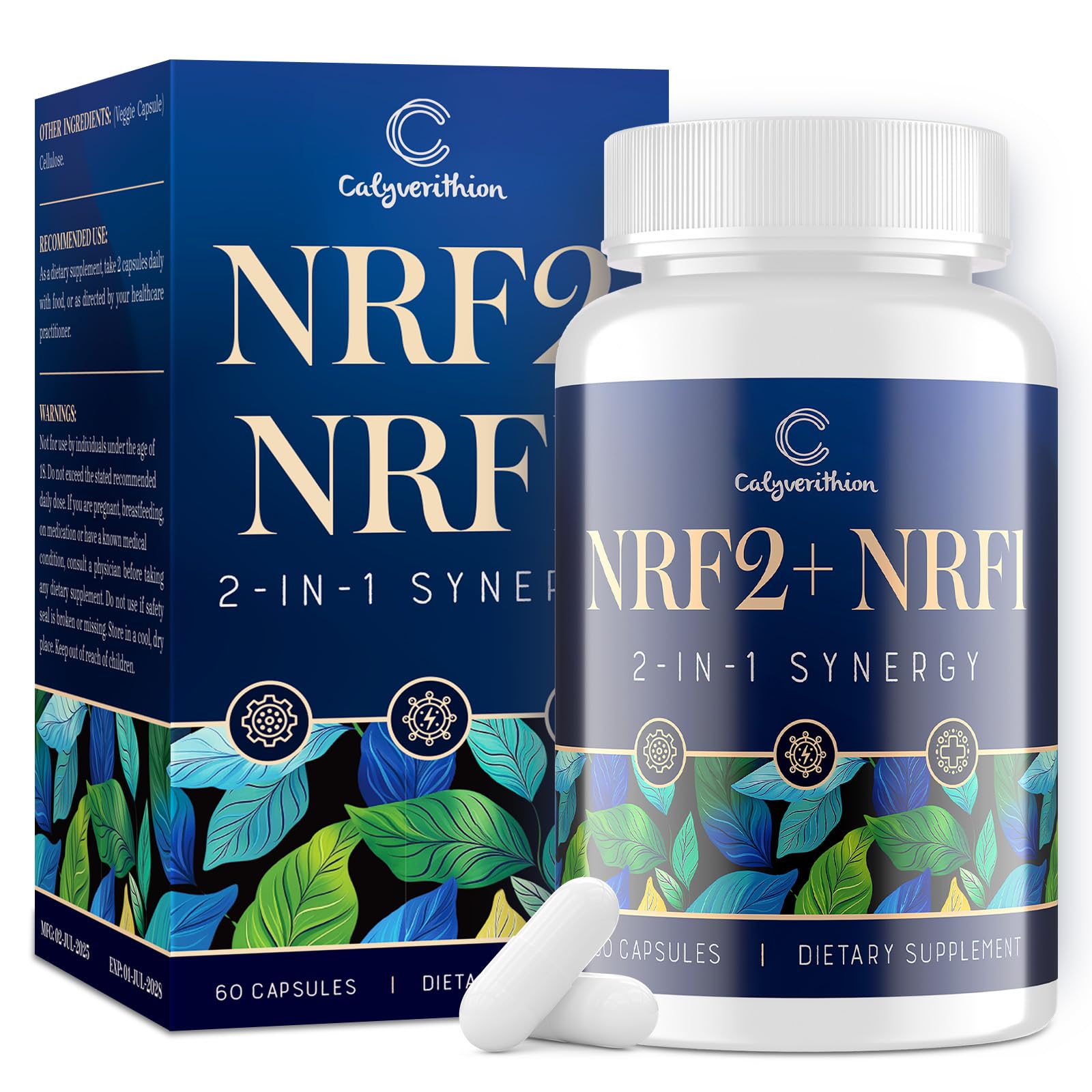 Calyverithion NRF1 & NRF2 Supplement 1500mg Dual Pathway Antioxidant Formula with CoQ10, Curcumin, Trans-Resveratrol & Ashwagandha 60 Capsules