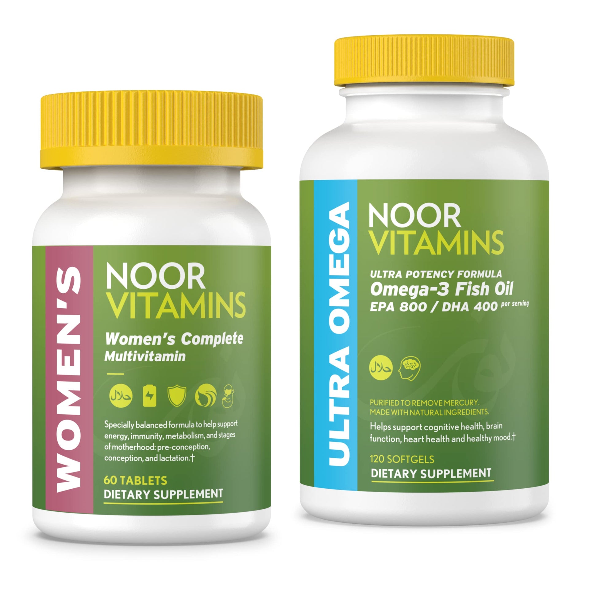 Noor Vitamins Women's Multivitamin and Omega Fish Oil Supplement Bundle Softgels 120