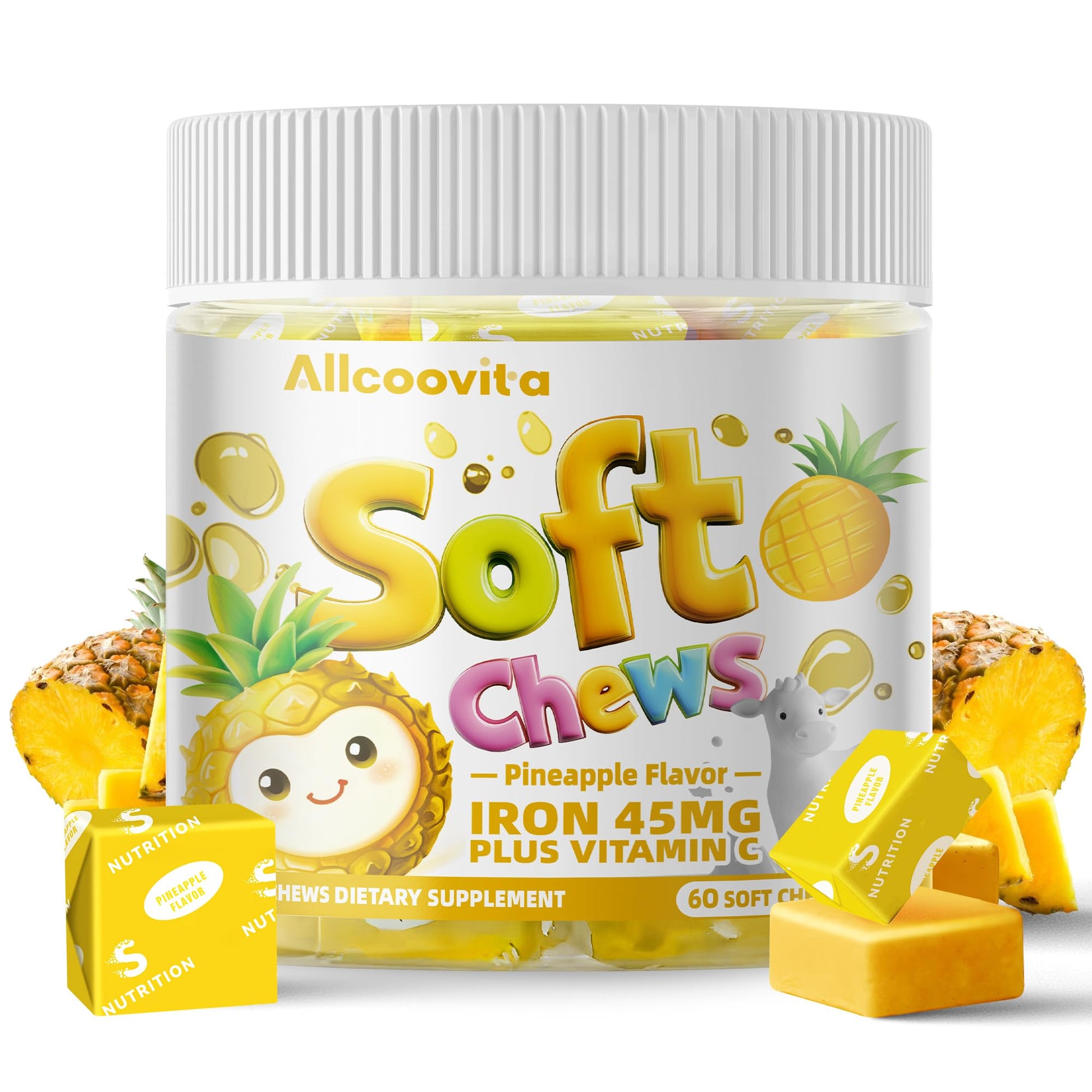 Allcoovita Iron Soft Chews Supplement with Vitamin C, 60 Count