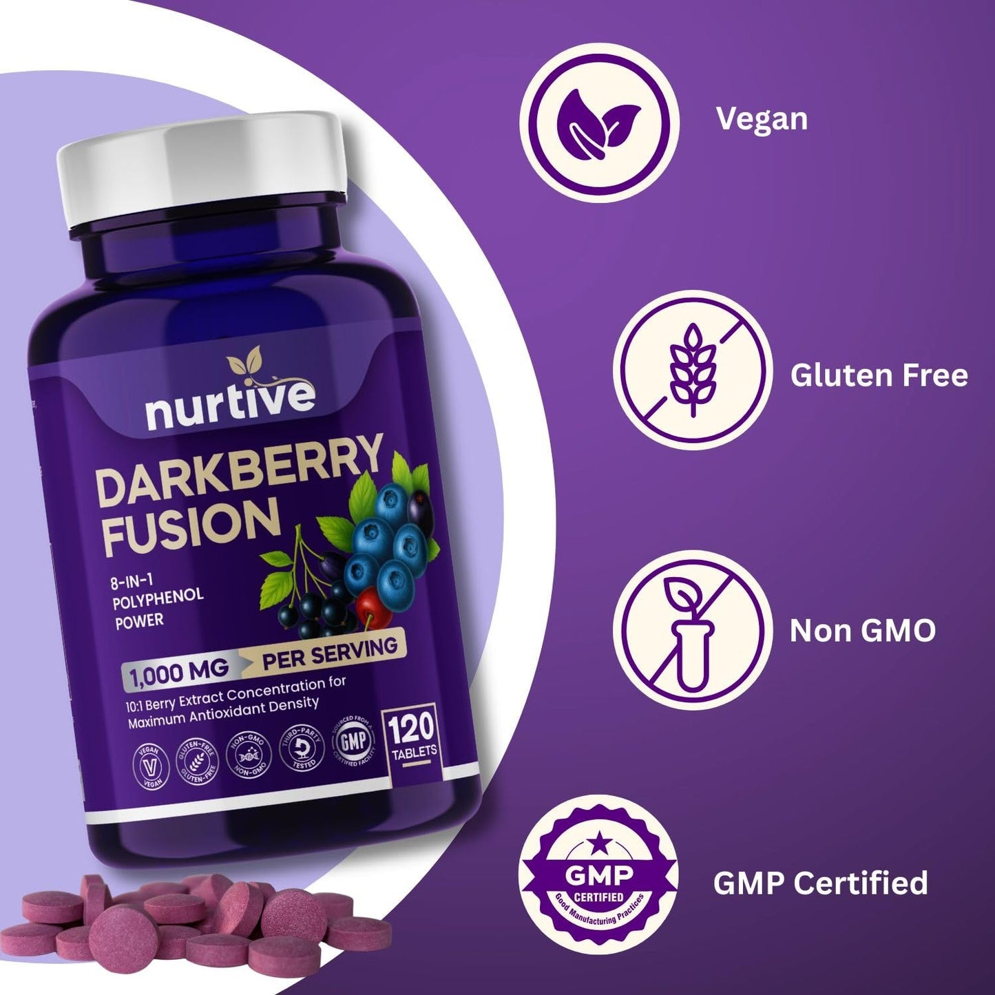 NURTIVE Darkberry Fusion Tablets, 1000 mg, 120 Tablets