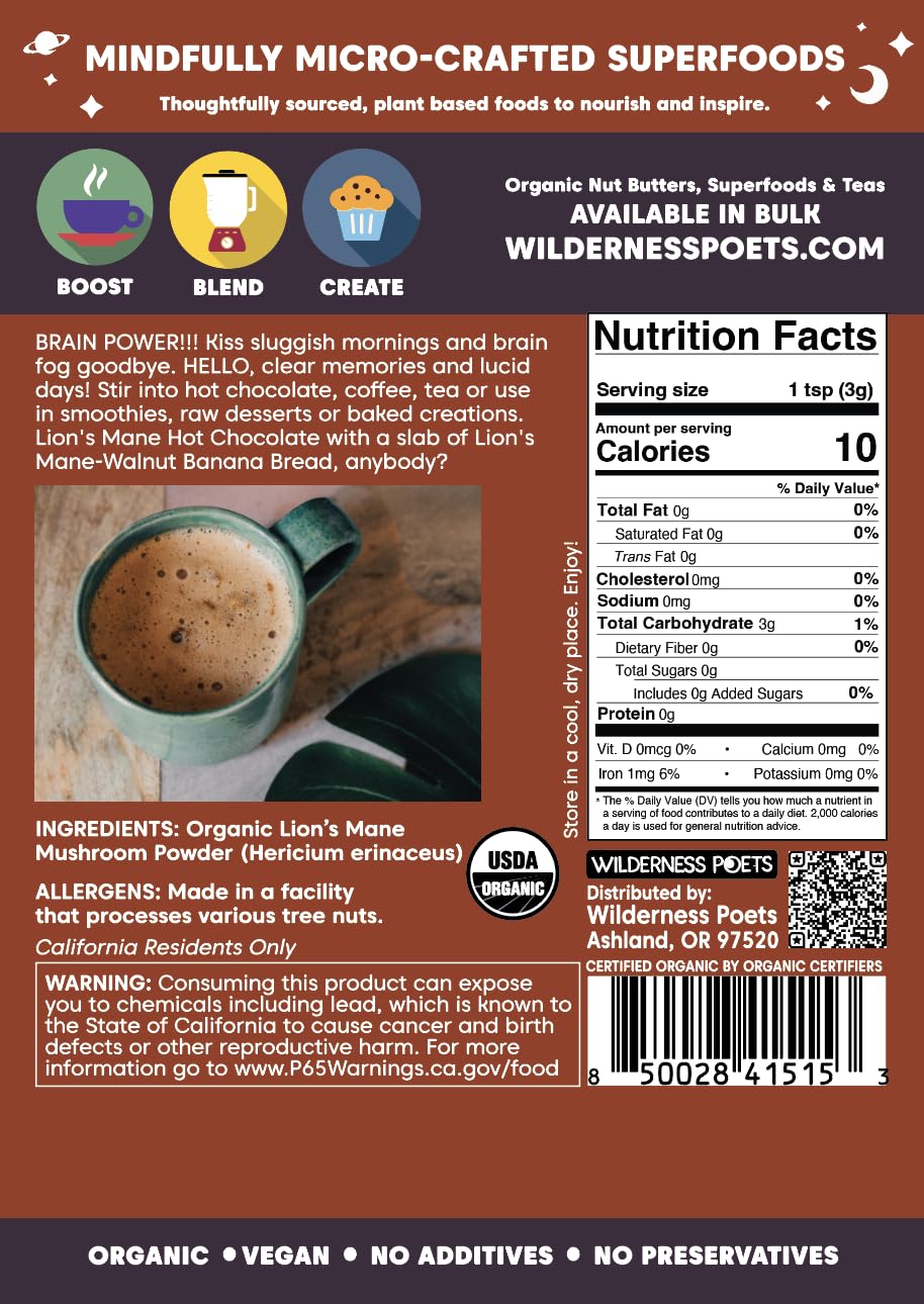 Wilderness Poets Organic Lions Mane Mushroom Powder 3.5 Ounce