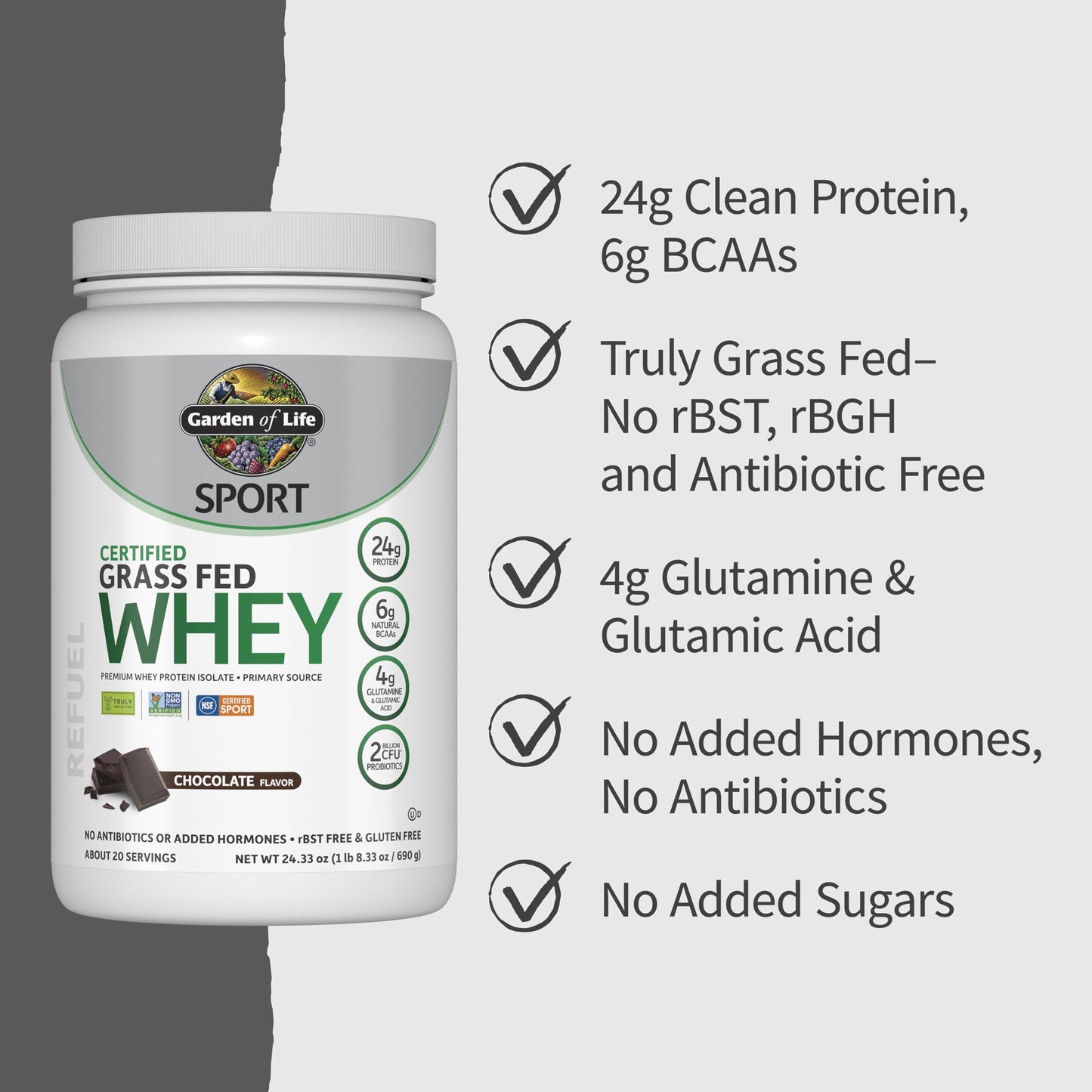 Garden of Life SPORT Whey Protein Powder Chocolate, Premium Grass Fed Whey Protein Isolate with Probiotics, 20 Servings