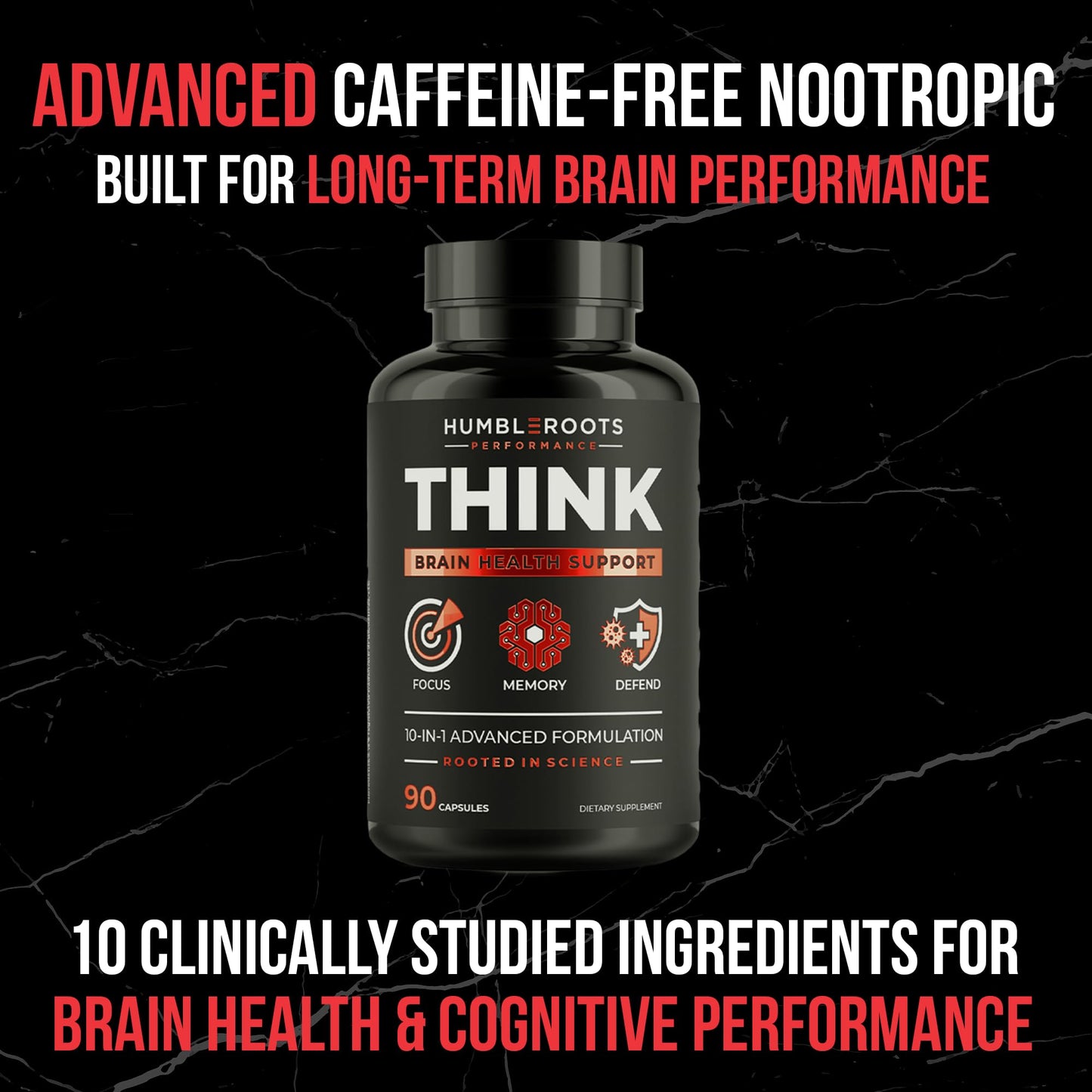 HUMBLEROOTS PERFORMANCE All-Natural Brain Supplement for Memory and Focus - Caffeine-Free Long-Term Cognitive Support - 10 Nootropic Ingredients Including Lion’s Mane, Bacopa, Turmeric, Ginkgo & Huperzine A, Capsules, 90 Count