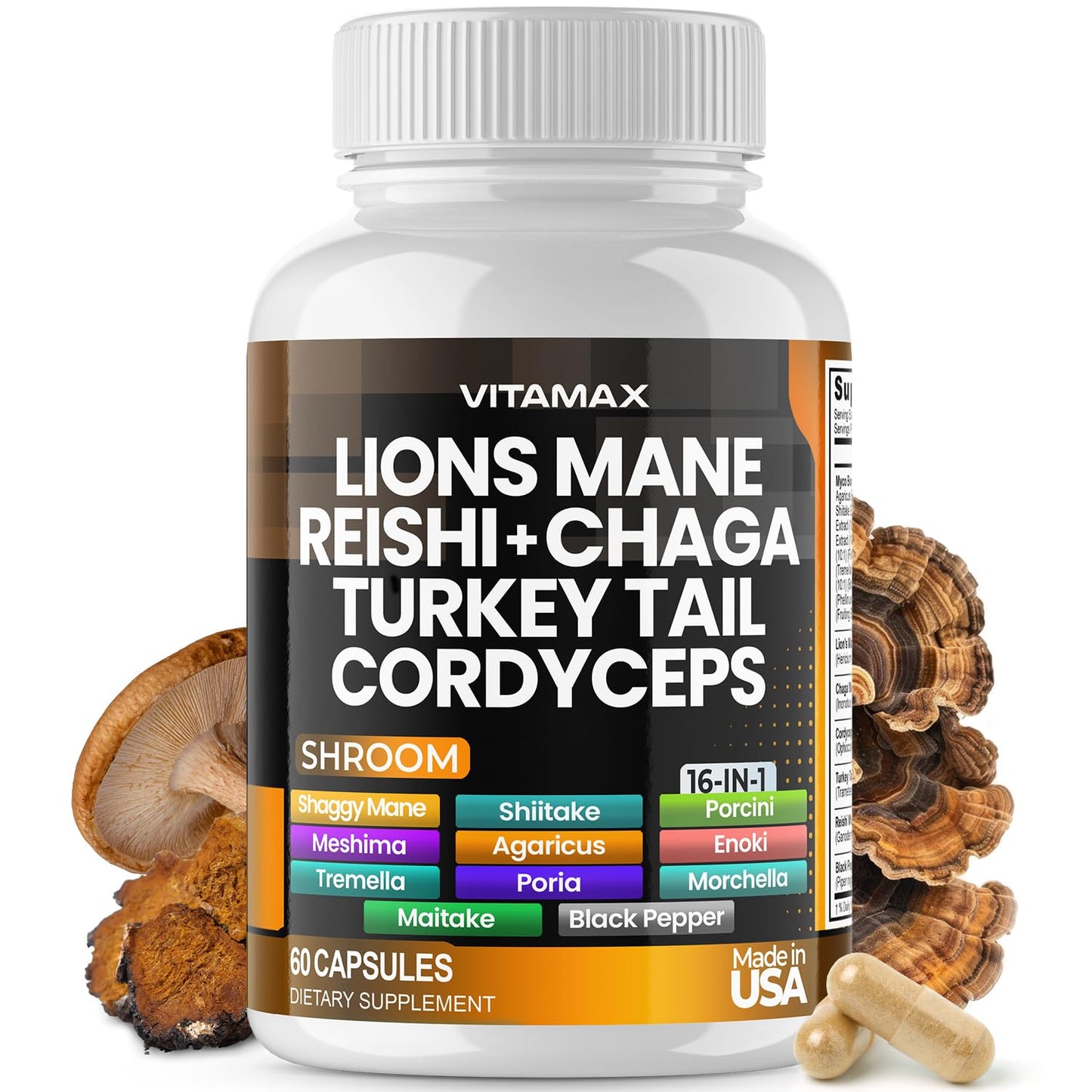 Vitamax Lions Mane Mushroom, Turkey Tail, Chaga & Reishi, Cordyceps Shiitake White Elm King Trumpet Nameko Oyster Porcini Focus & Energy Gummies, 60 Count